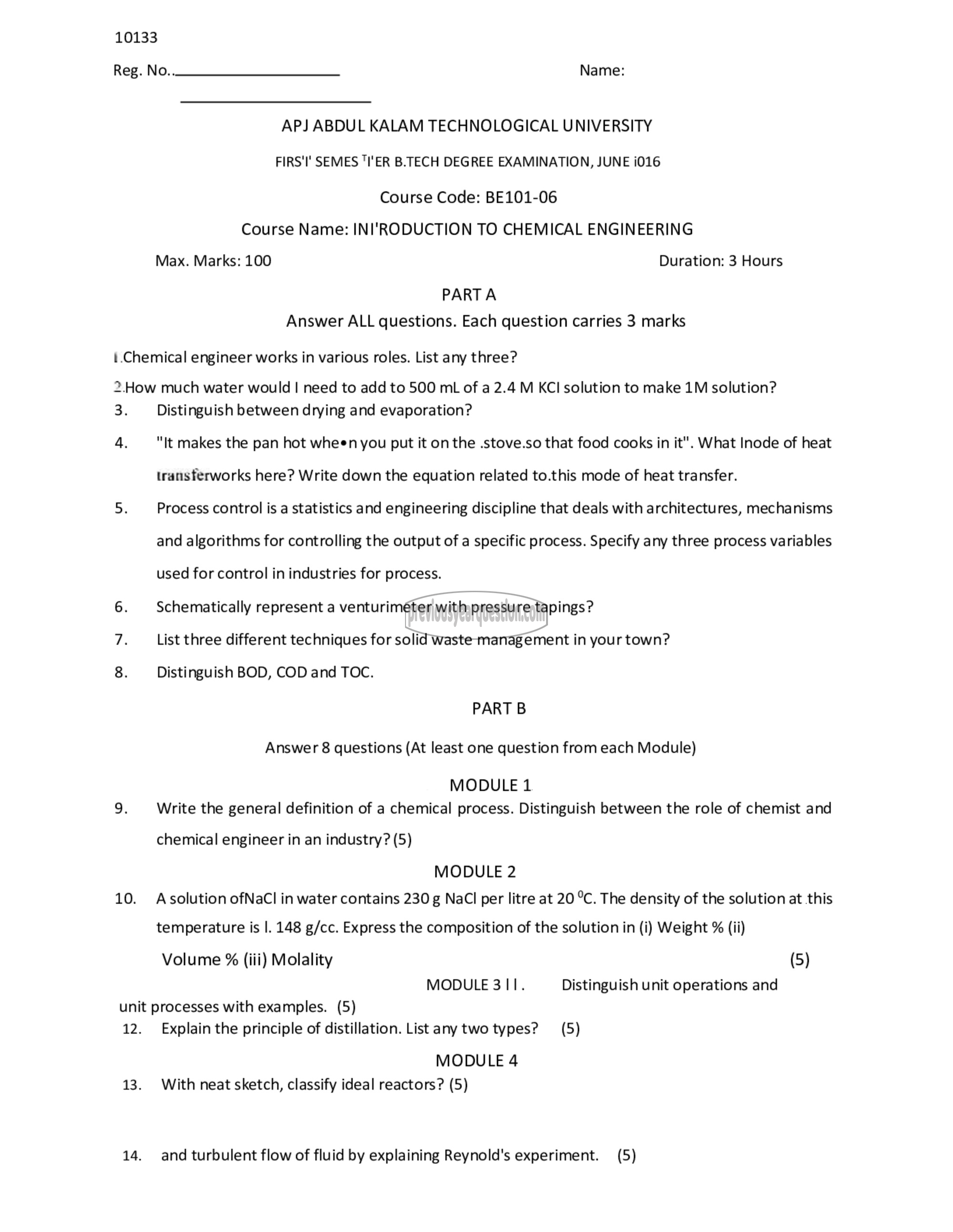 Question Paper - INTRODUCTION TO CHEMICAL ENGINEERING-1