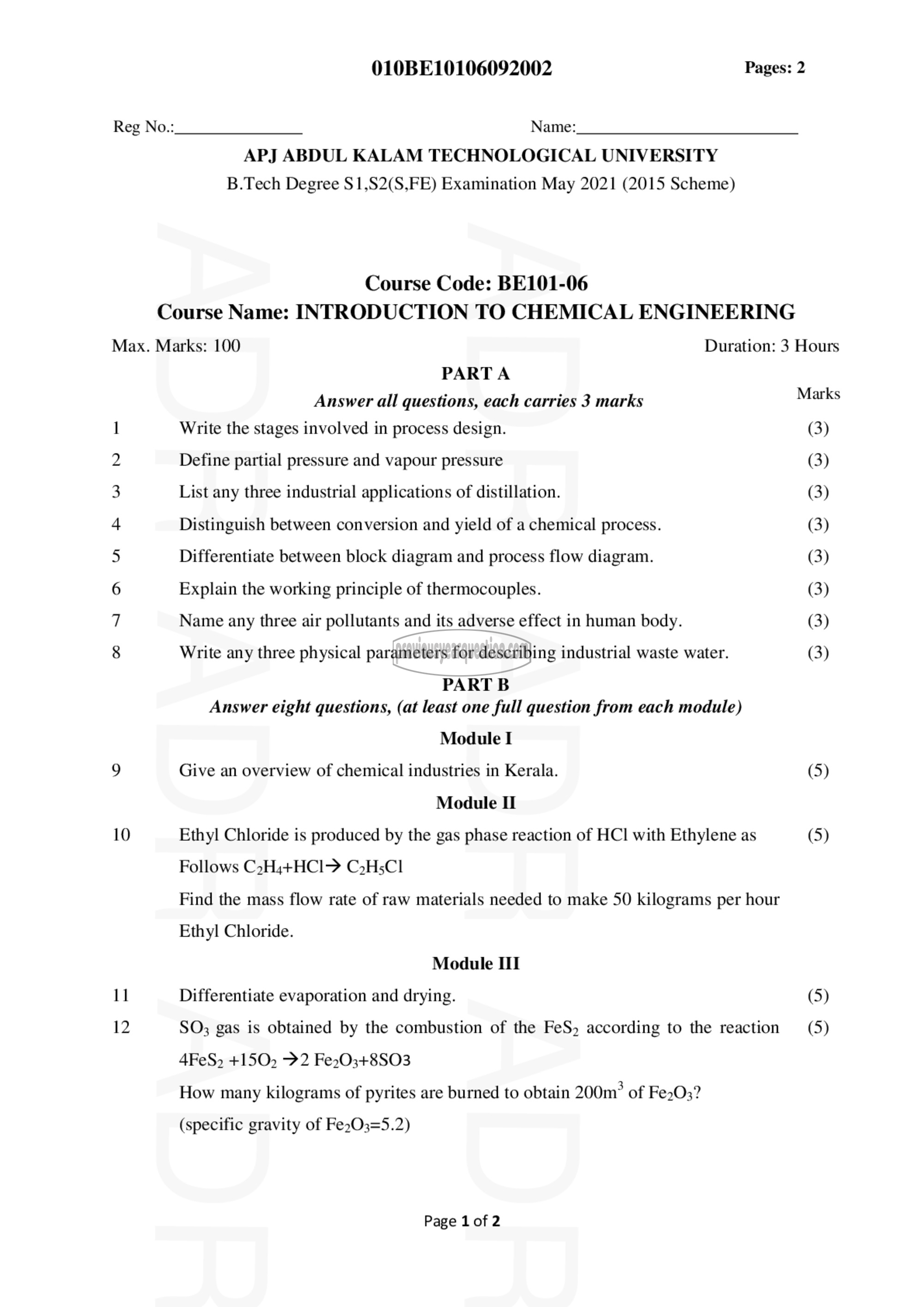 Question Paper - INTRODUCTION TO CHEMICAL ENGINEERING-1