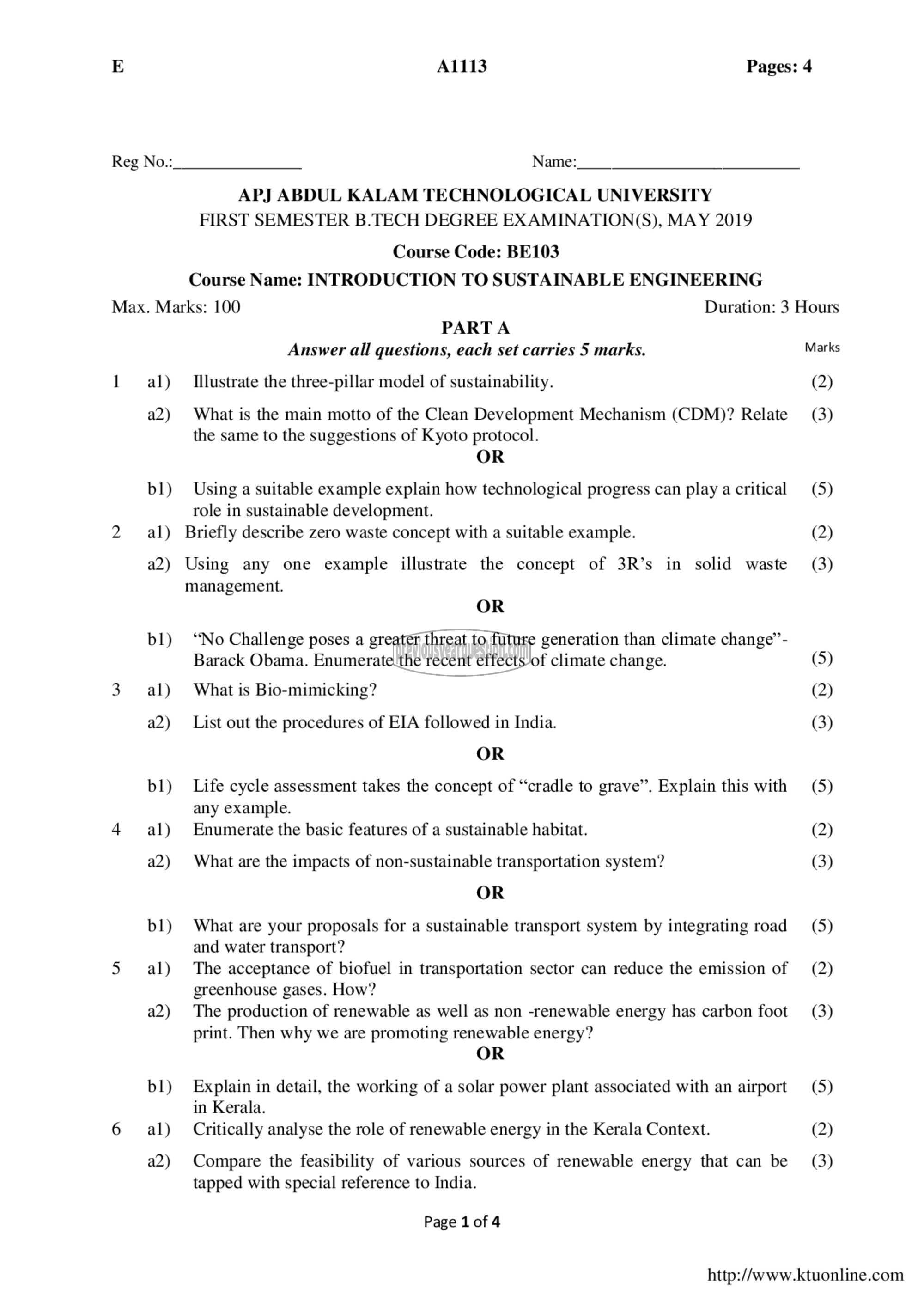 Question Paper - INTRODUCTION TO SUSTAINABLE ENGINEERING-1