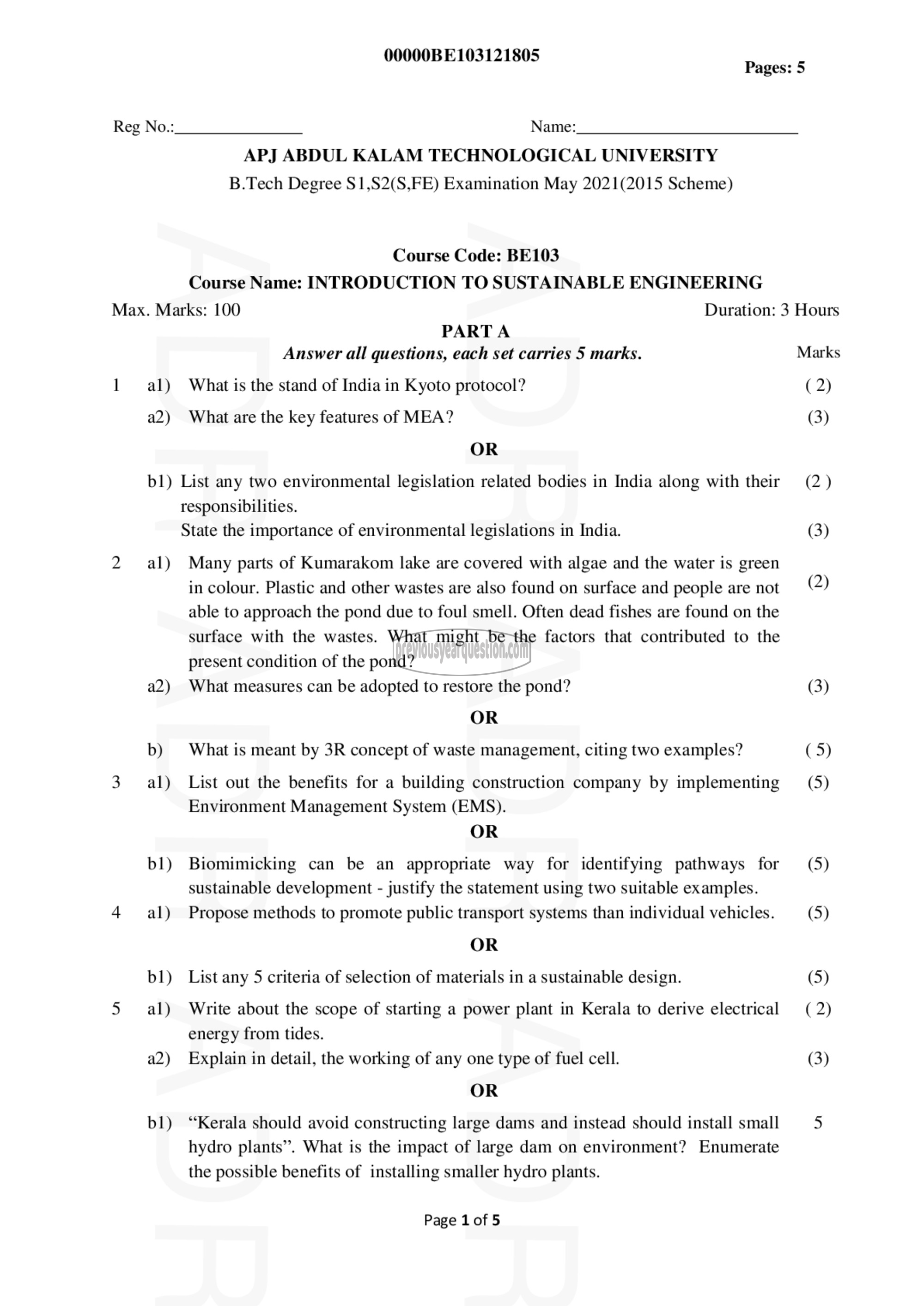 Question Paper - INTRODUCTION TO SUSTAINABLE ENGINEERING-1