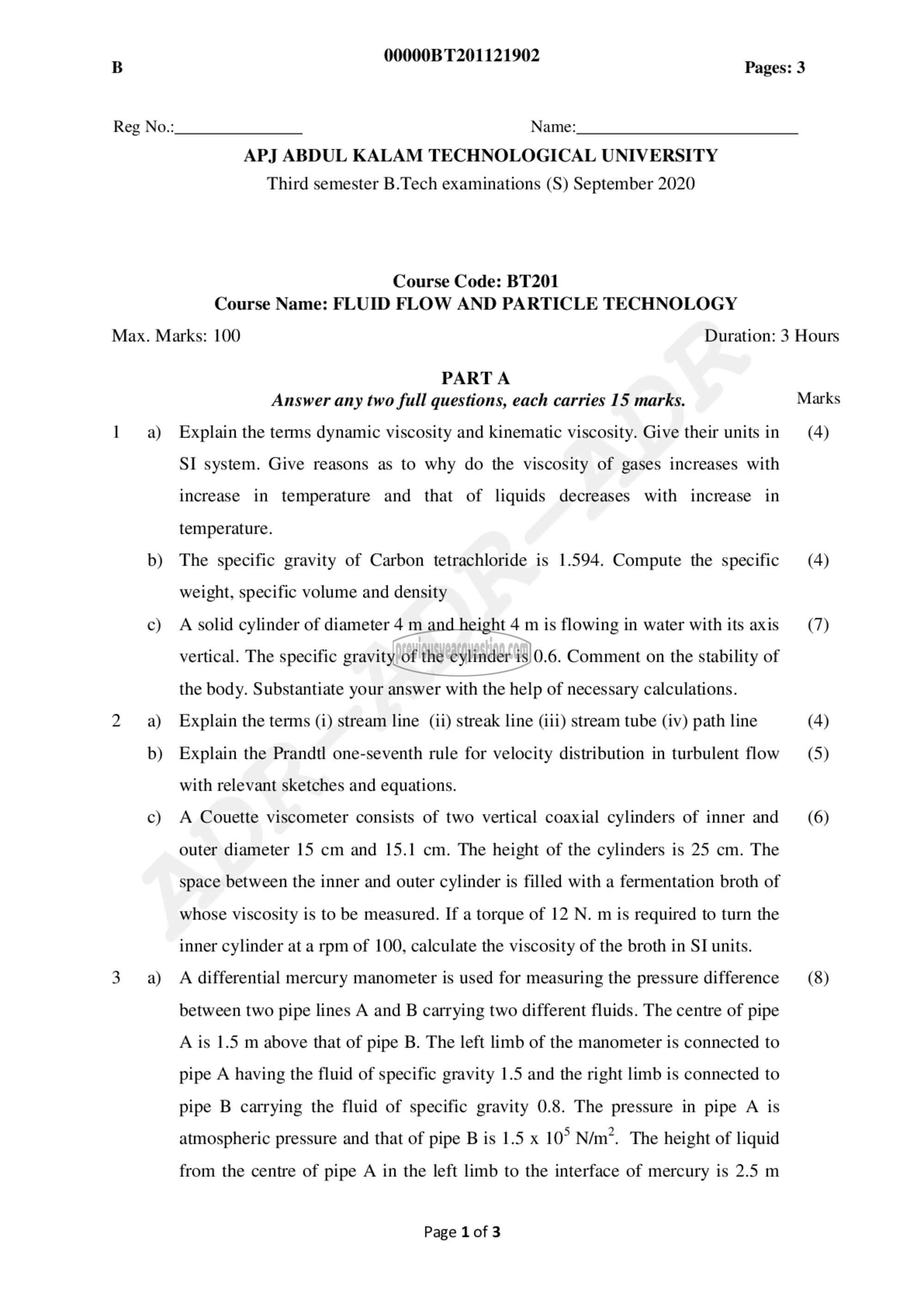 Question Paper - Fluid Flow and Particle Technology-1