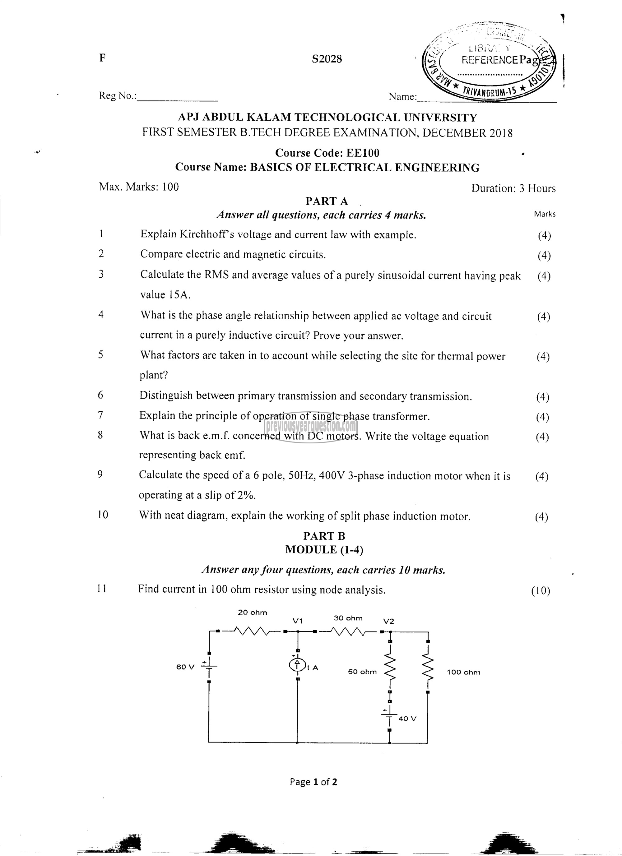 Question Paper - BASICS OF ELECTRICAL ENGINEERING-1