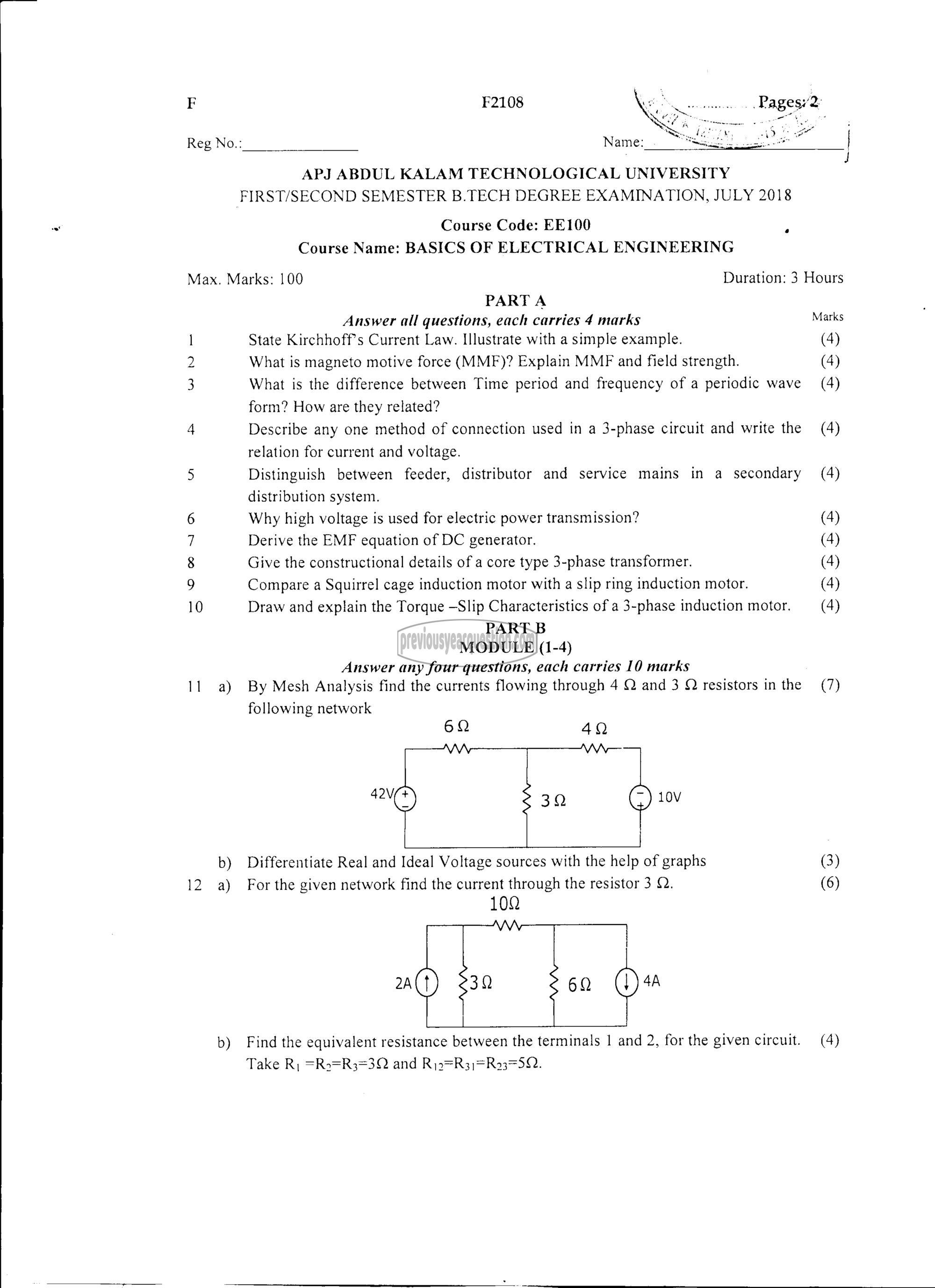 Question Paper - BASICS OF ELECTRICAL ENGINEERING-1