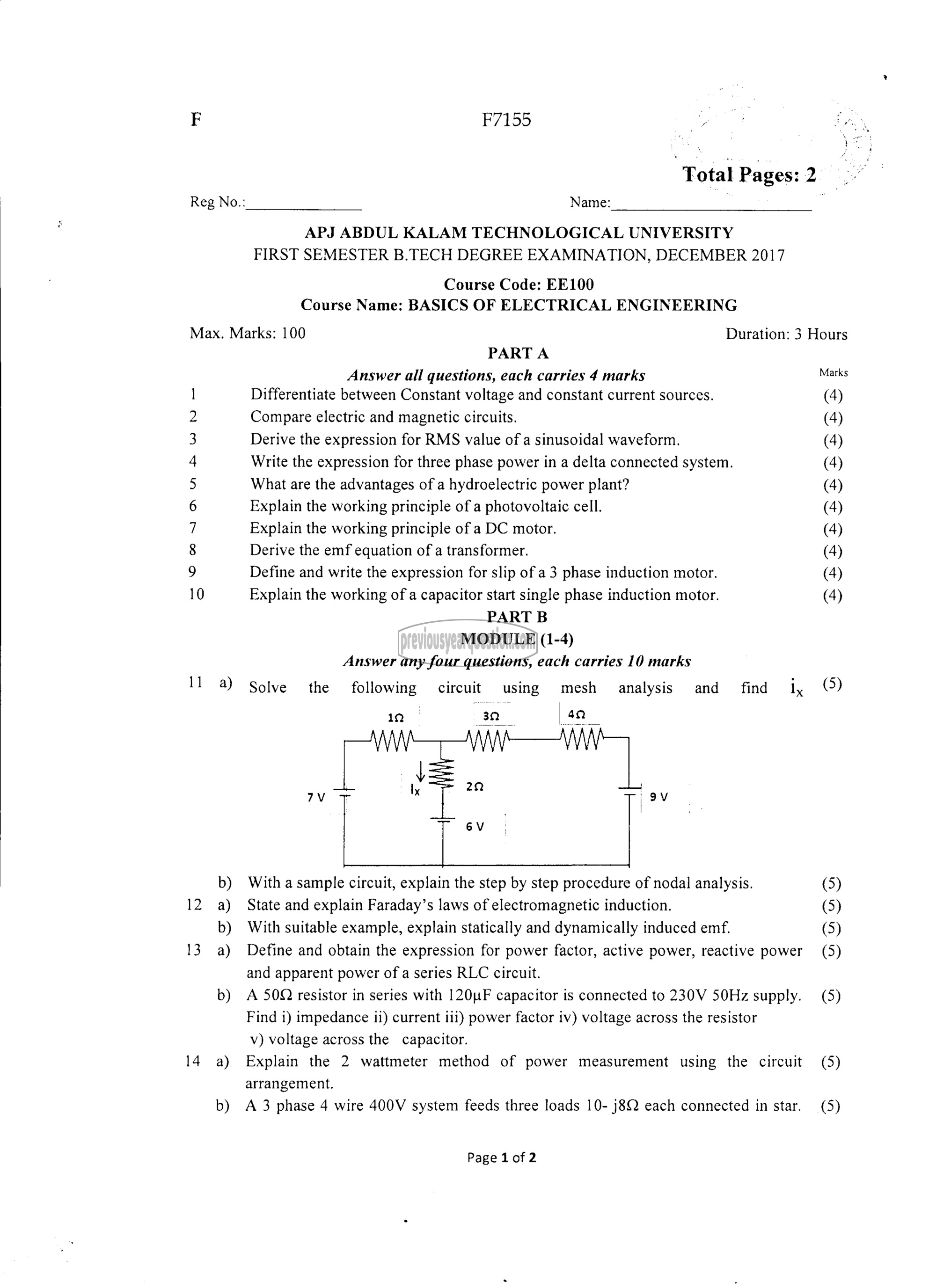 Question Paper - BASICS OF ELECTRICAL ENGINEERING-1