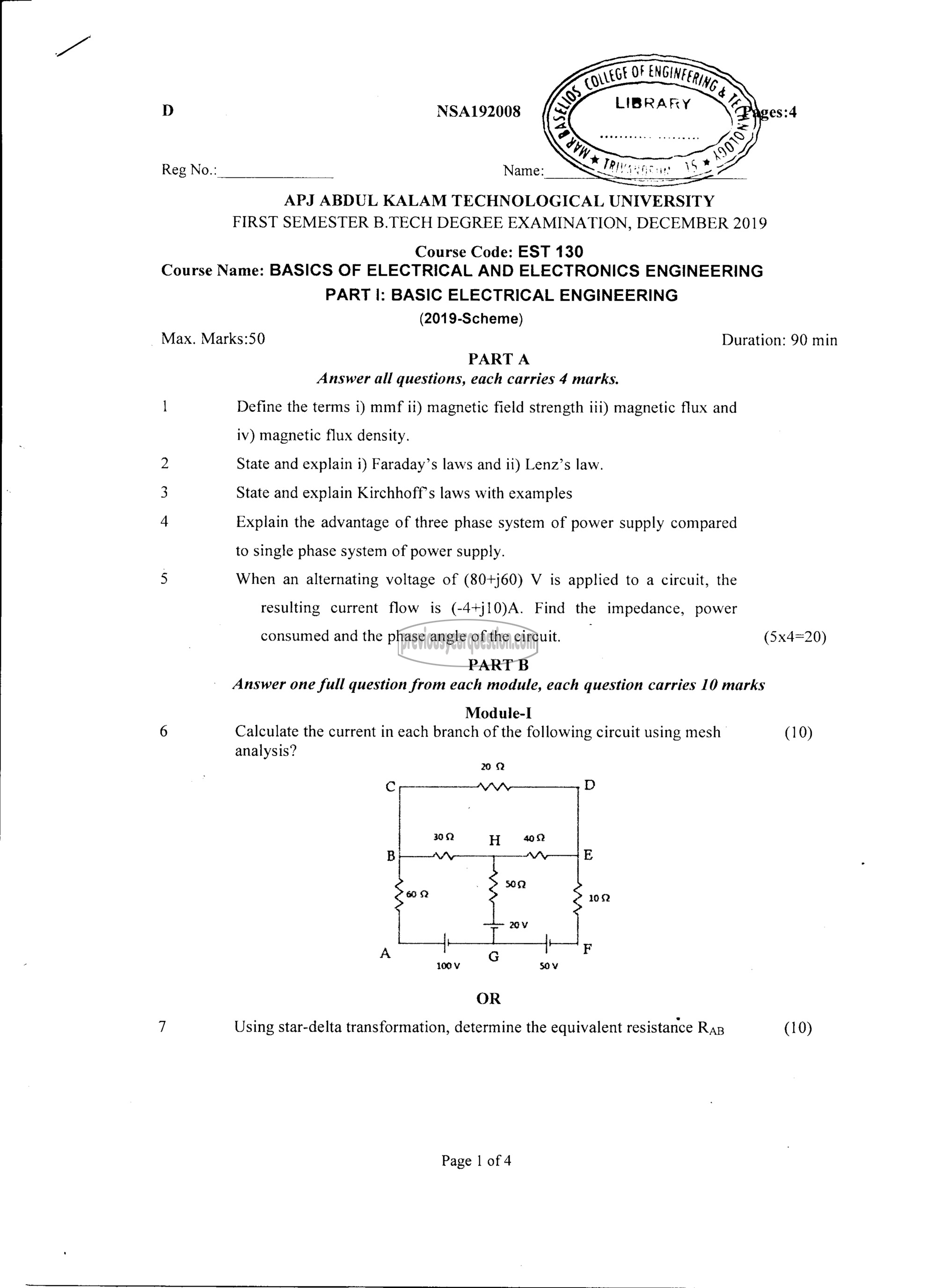 Question Paper - BASICS OF ELECTRICAL & ELECTRONICS ENGINEERING-1