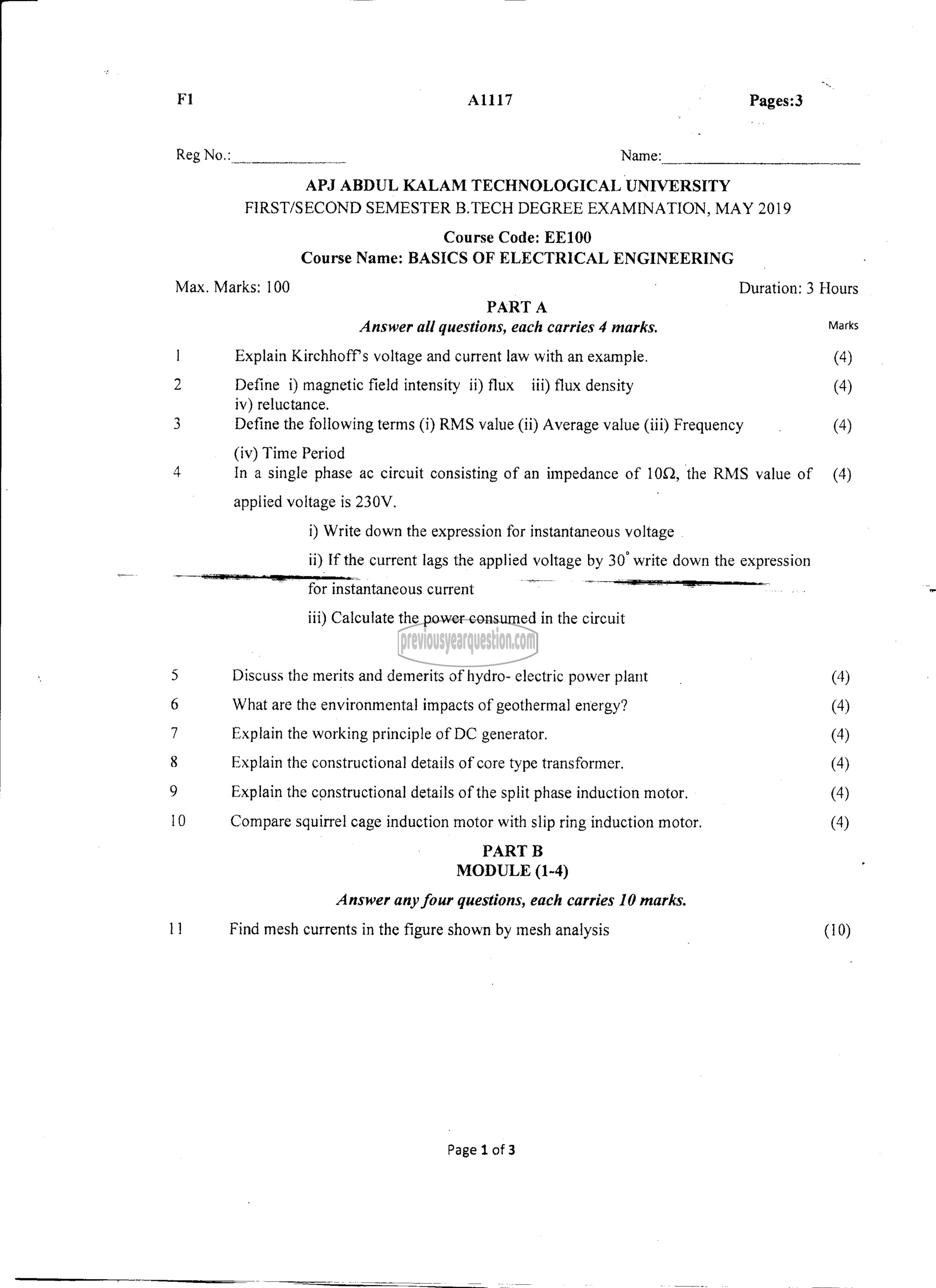 Question Paper - BASICS OF ELECTRICAL ENGINEERING-1