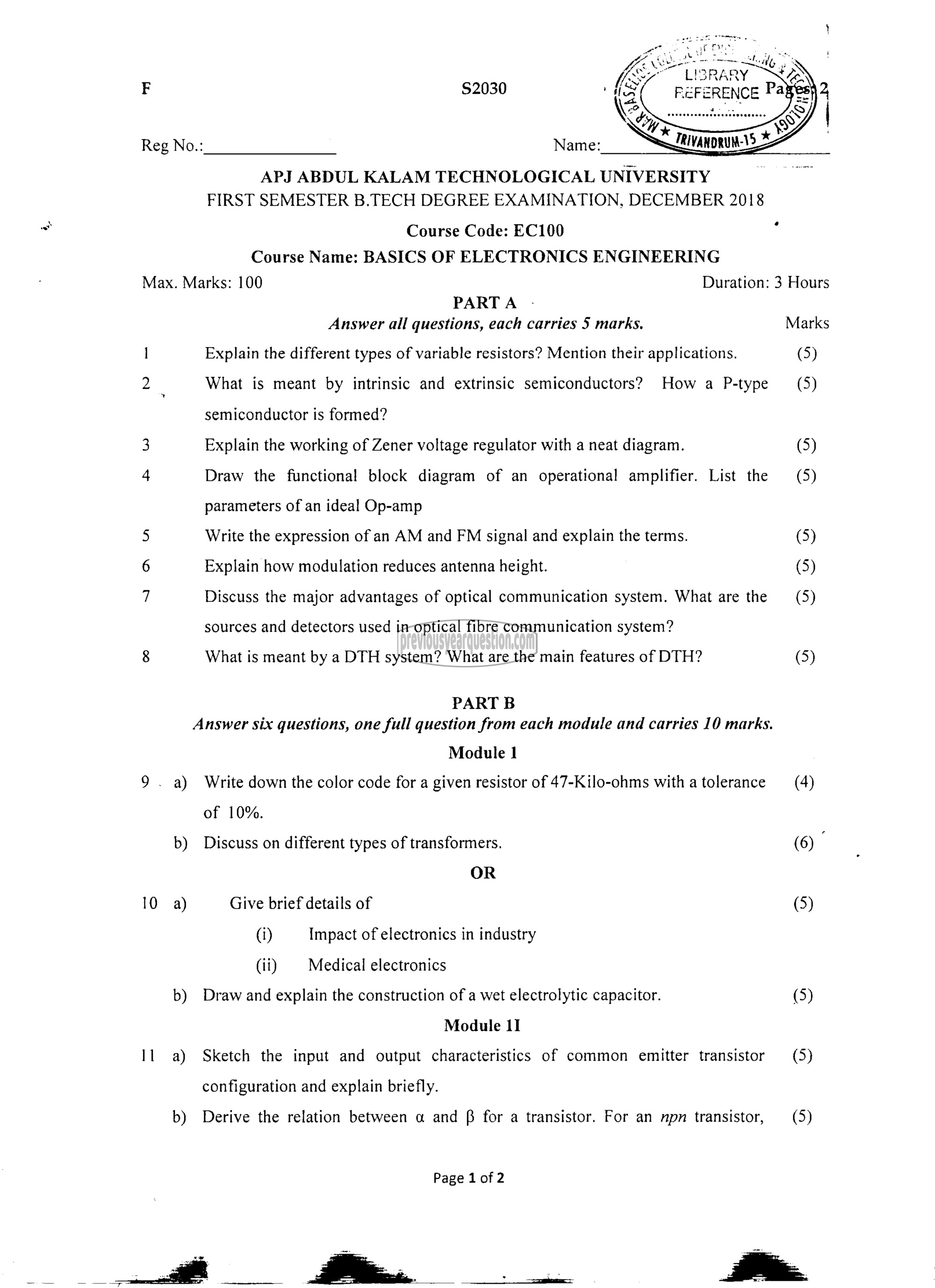 Question Paper - BASICS OF ELECTRONICS ENGINEERING-1