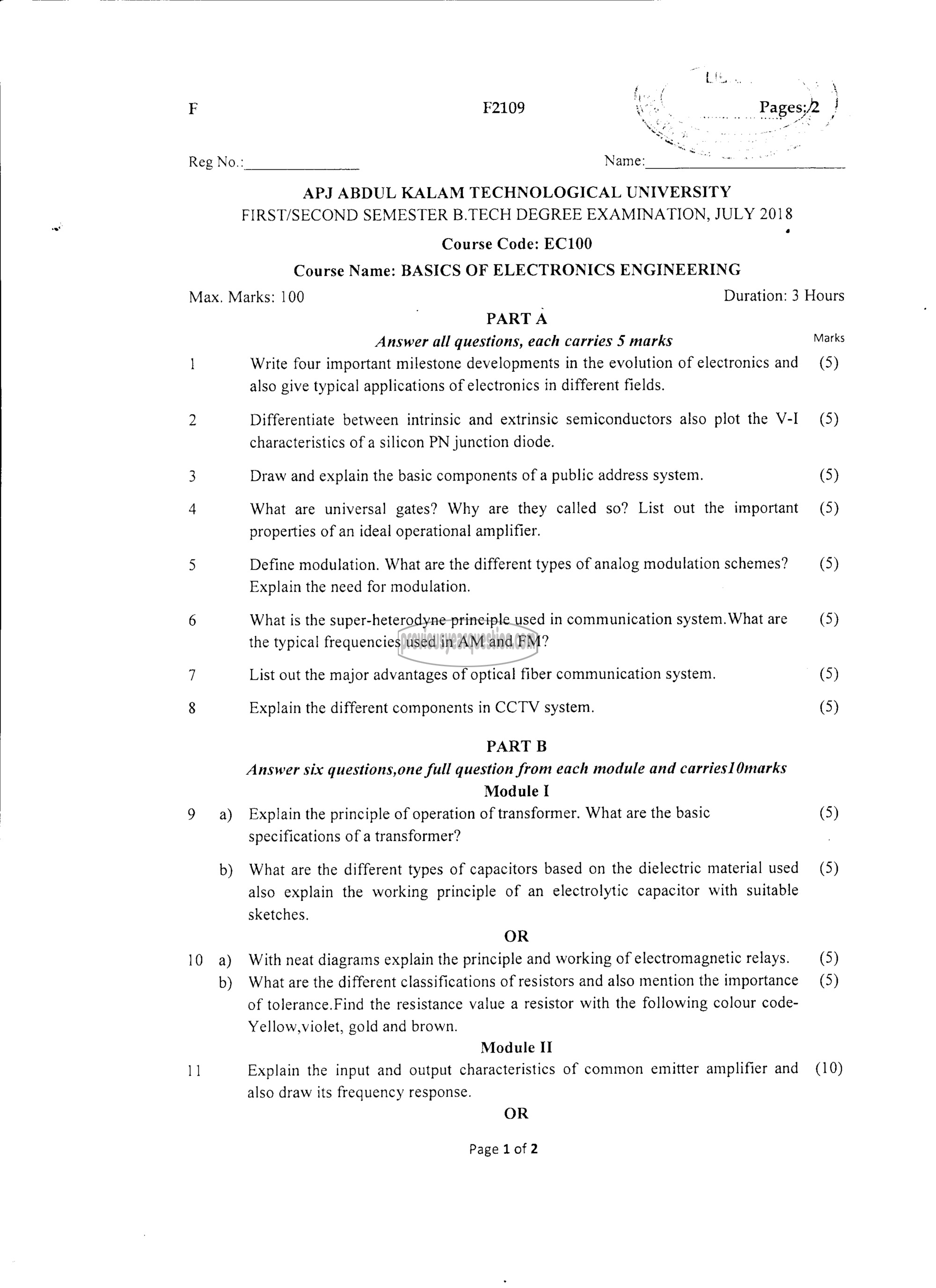 Question Paper - BASICS OF ELECTRONICS ENGINEERING-1