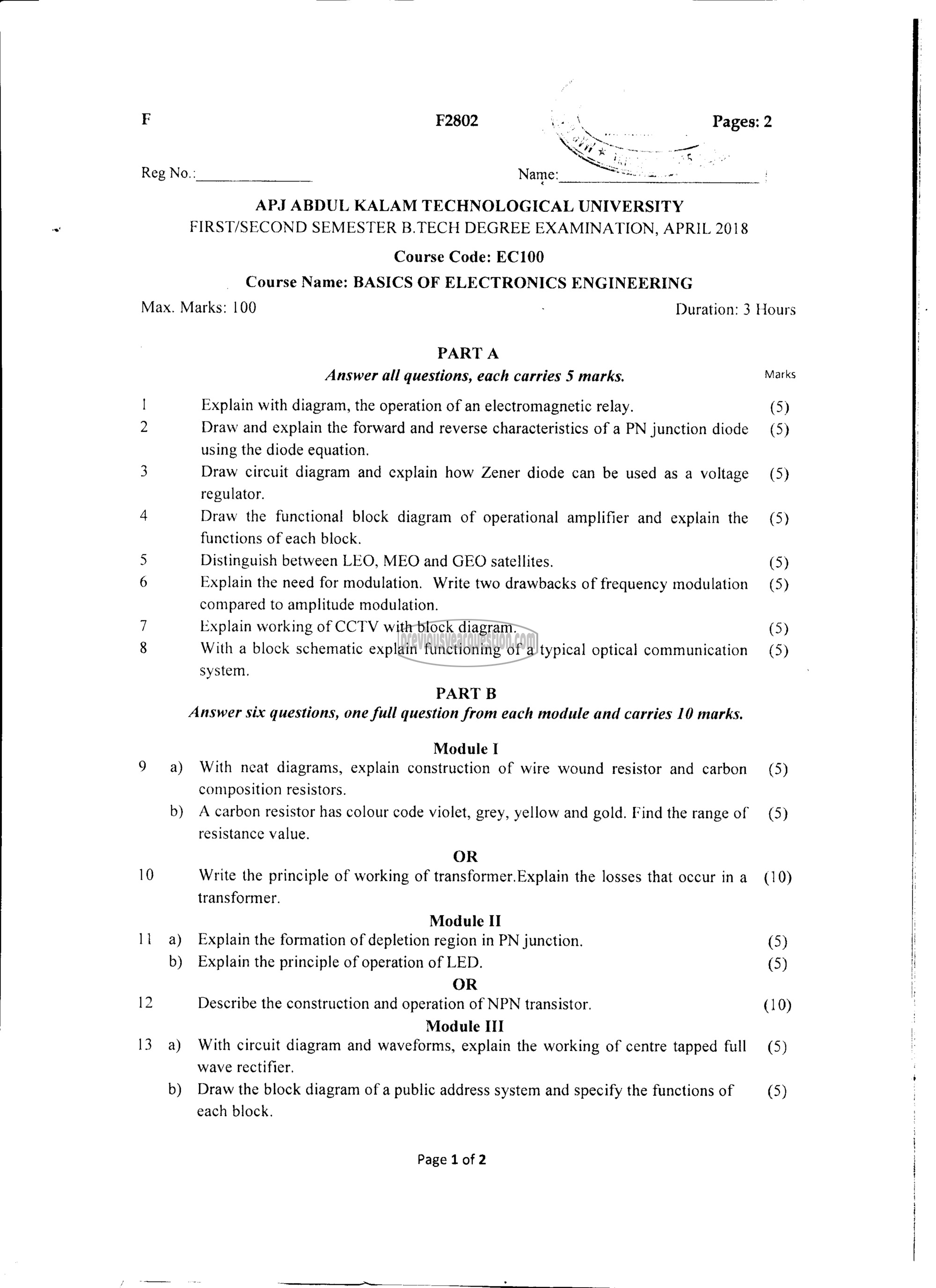 Question Paper - BASICS OF ELECTRONICS ENGINEERING-1