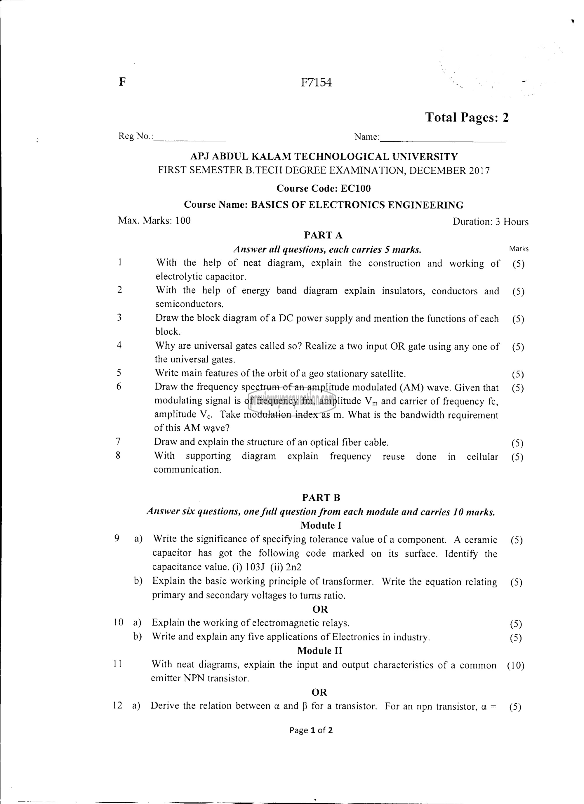 Question Paper - BASICS OF ELECTRONICS ENGINEERING-1