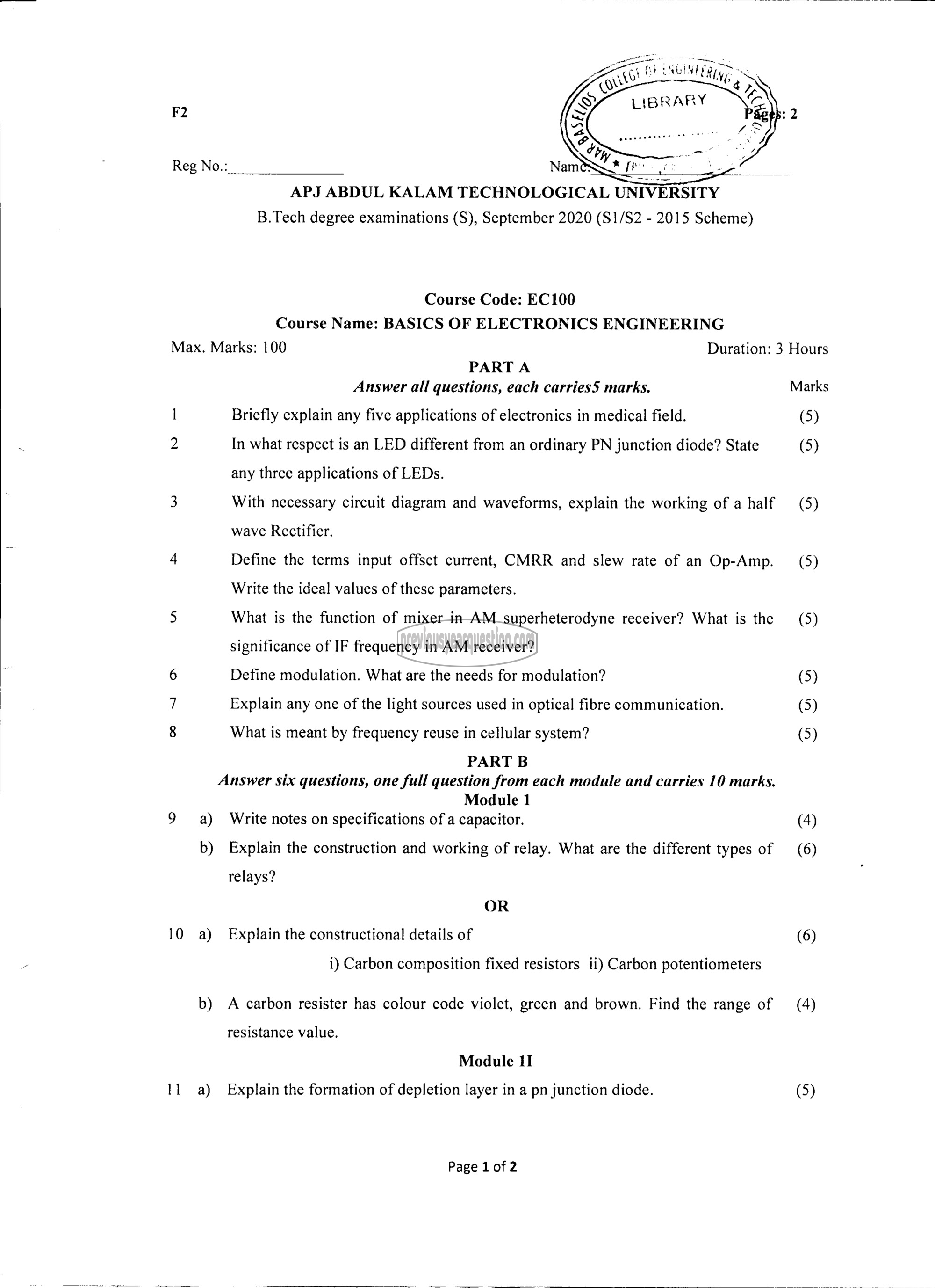 Question Paper - BASICS OF ELECTRONICS ENGINEERING-1