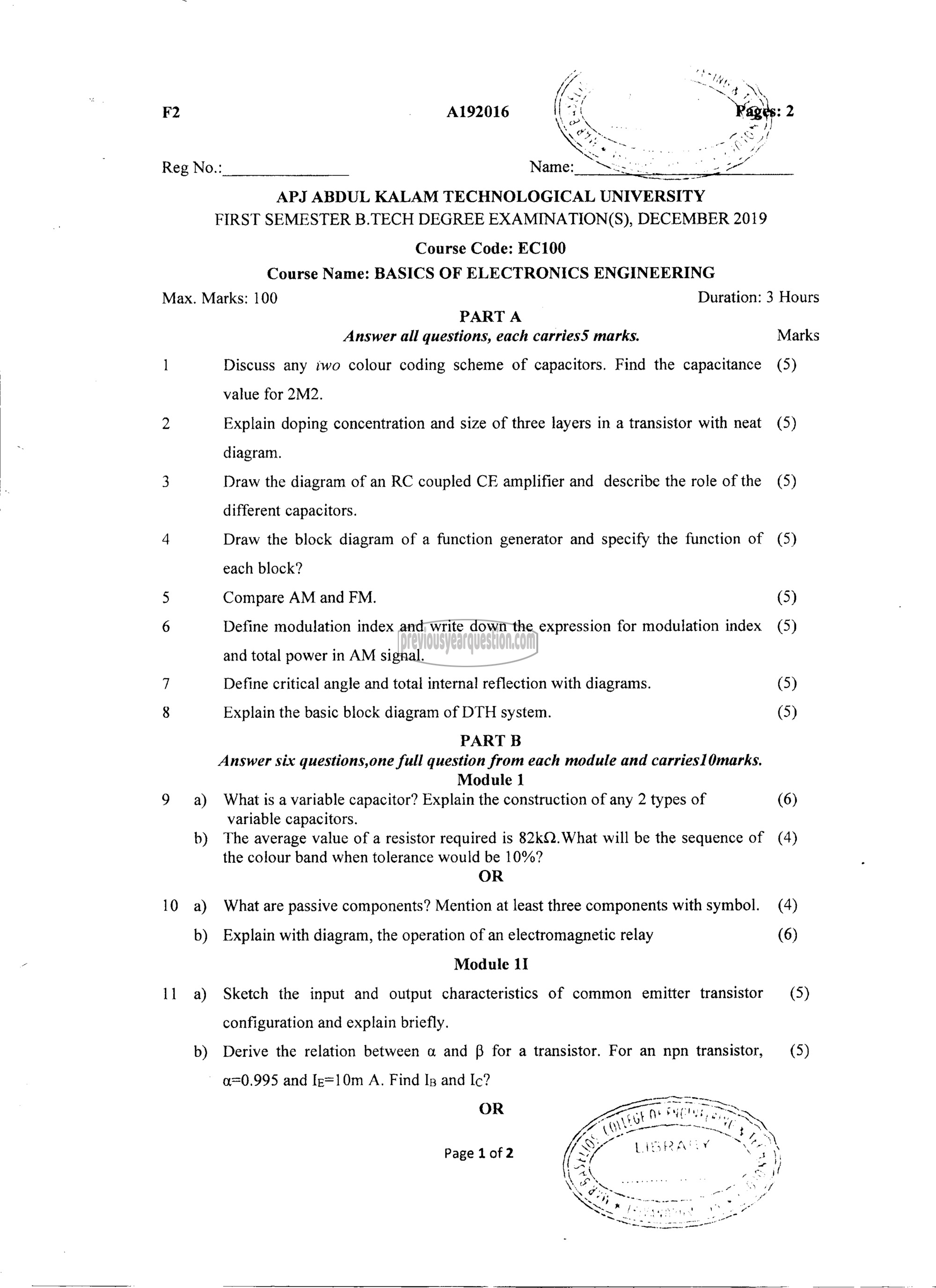 Question Paper - BASICS OF ELECTRONICS ENGINEERING-1