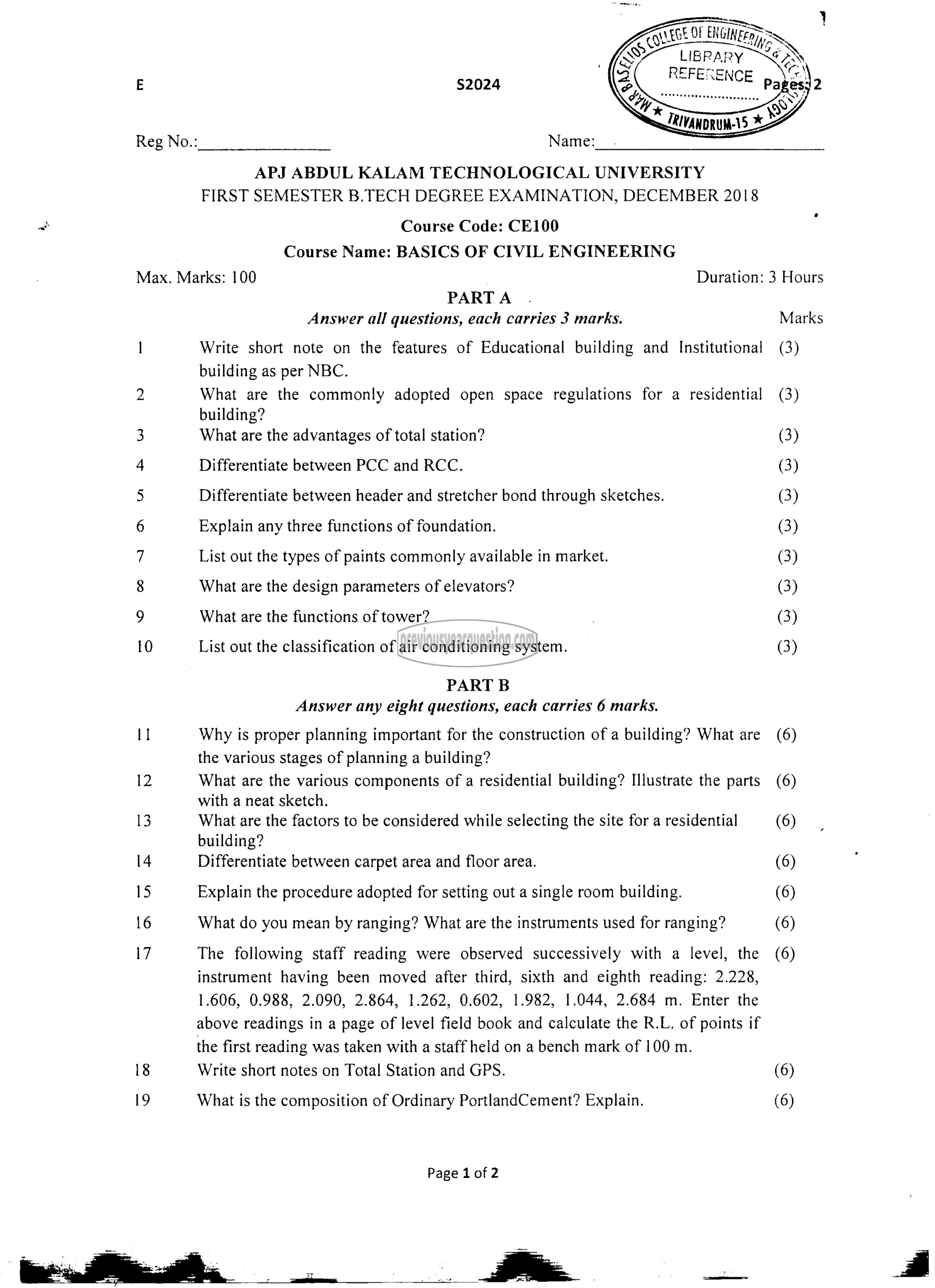 Question Paper - BASICS OF CIVIL ENGINEERING-1