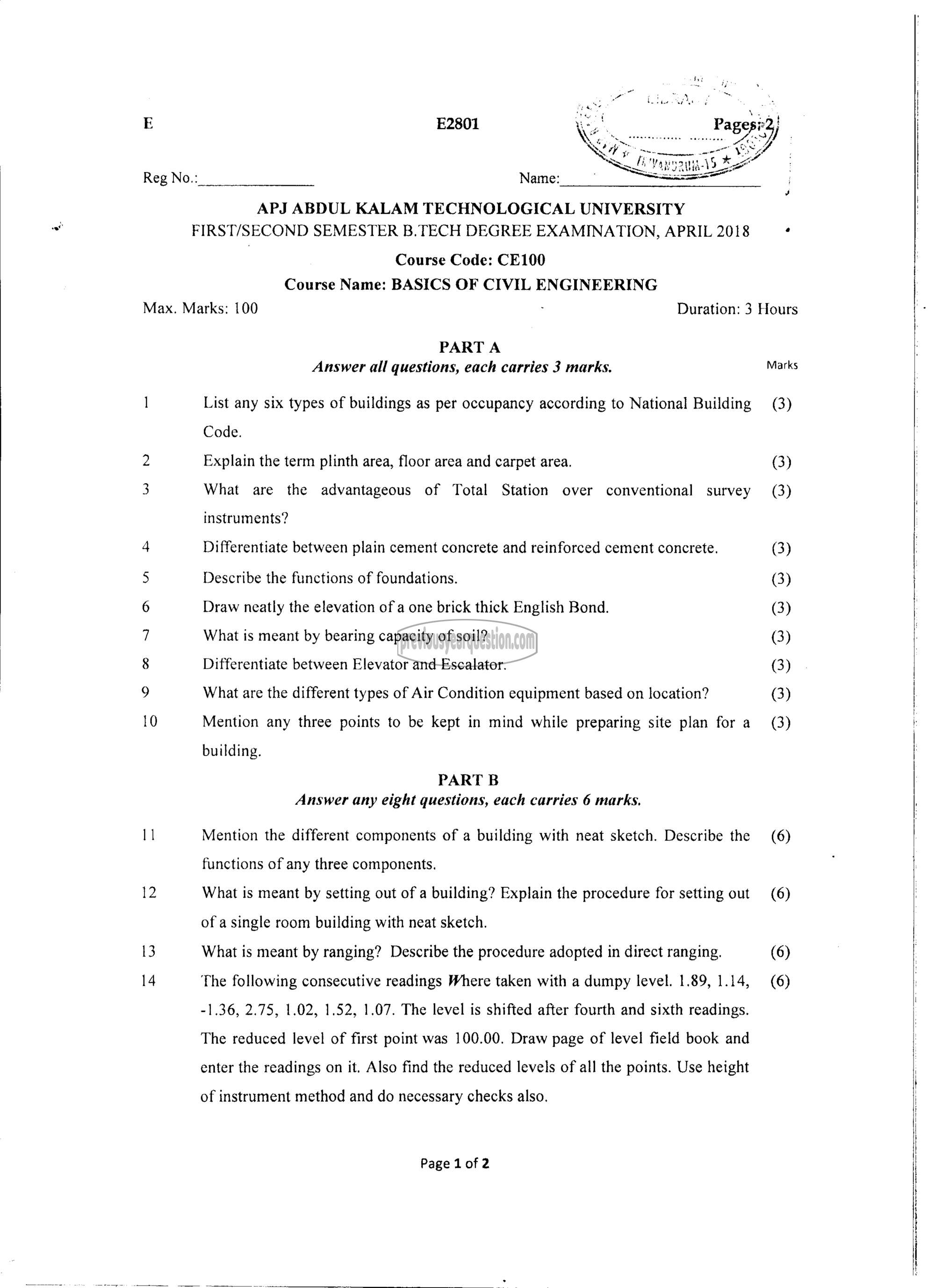 Question Paper - BASICS OF CIVIL ENGINEERING-1