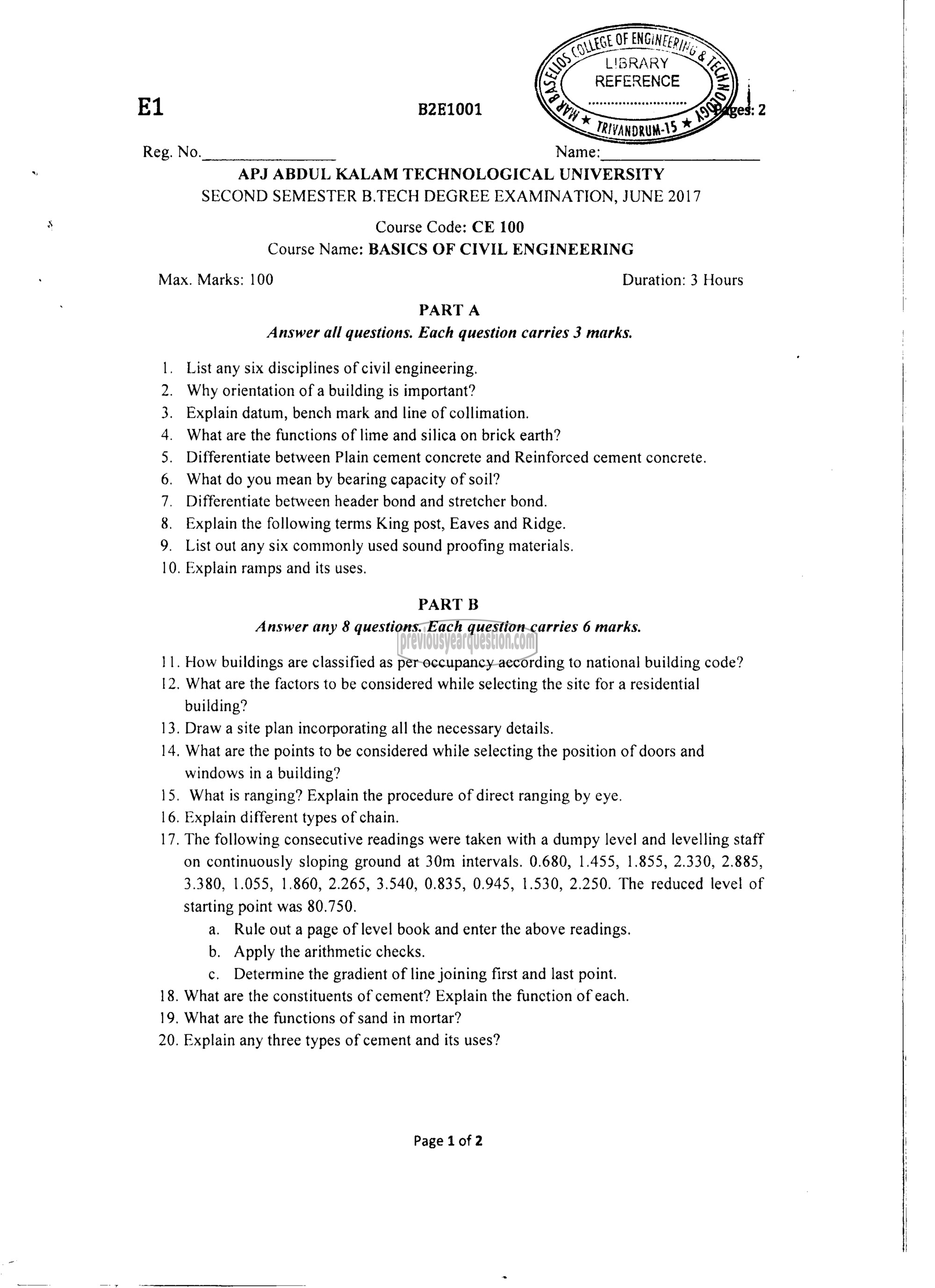 Question Paper - BASICS OF CIVIL ENGINEERING-1