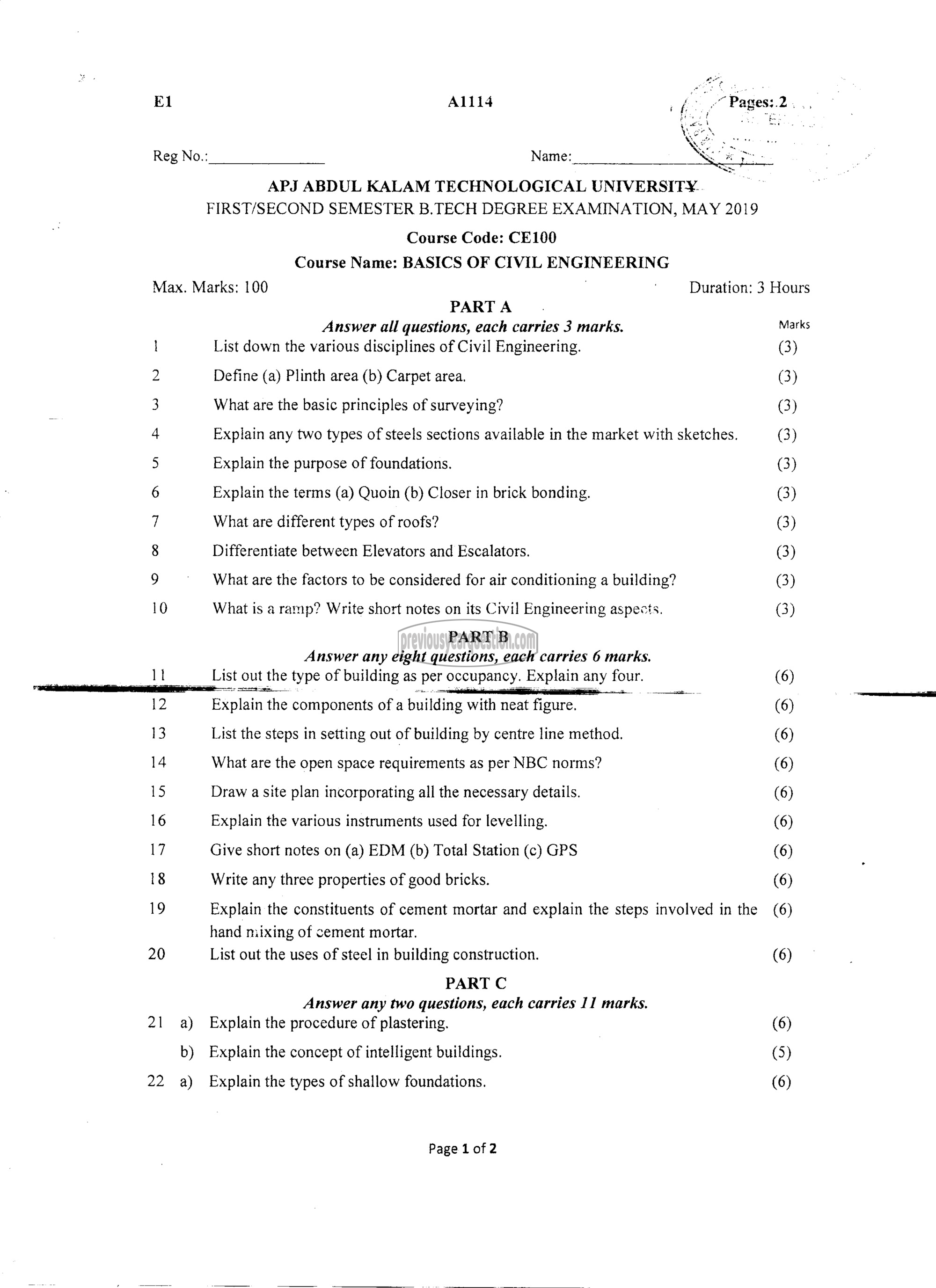 Question Paper - BASICS OF CIVIL ENGINEERING-1