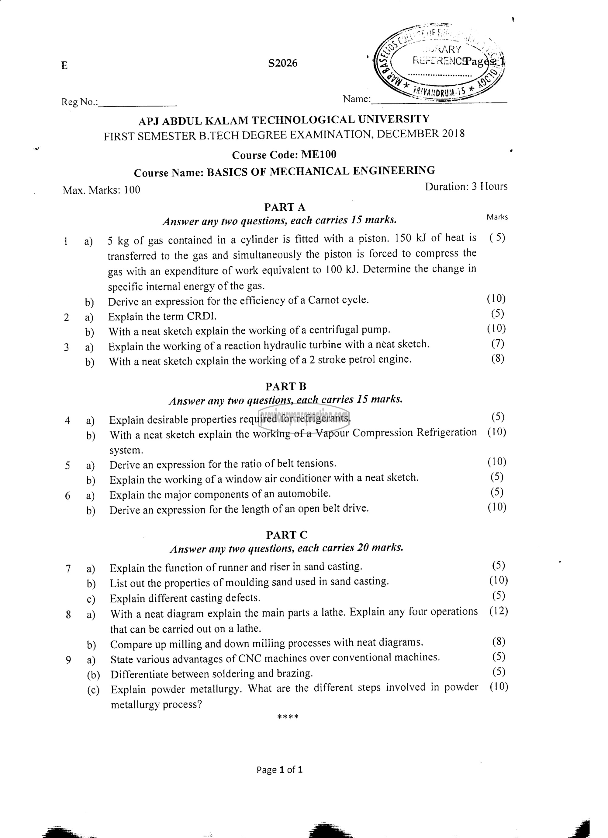 Question Paper - BASICS OF MECHANICAL ENGINEERING-1