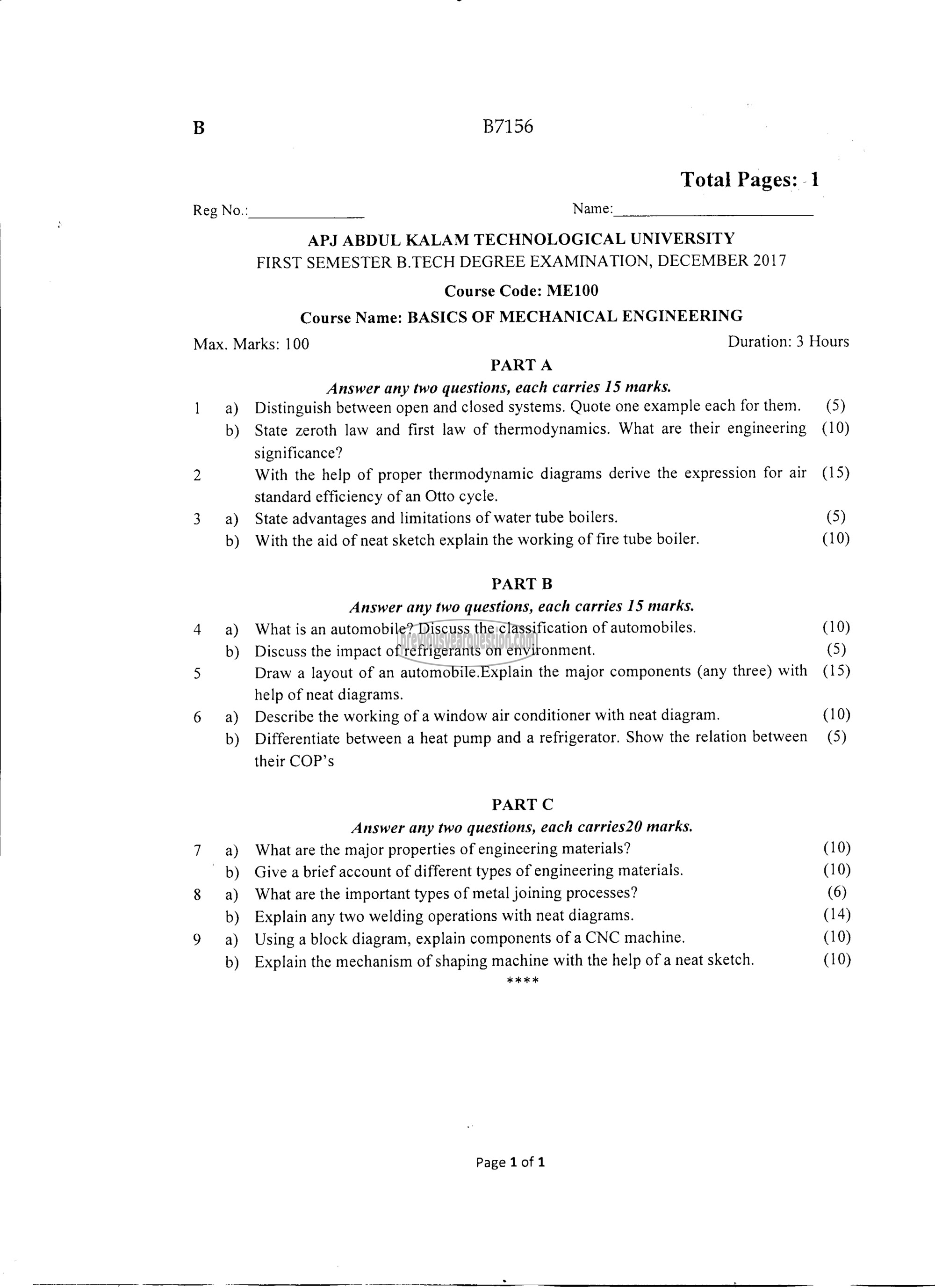 Question Paper - BASICS OF MECHANICAL ENGINEERING-1