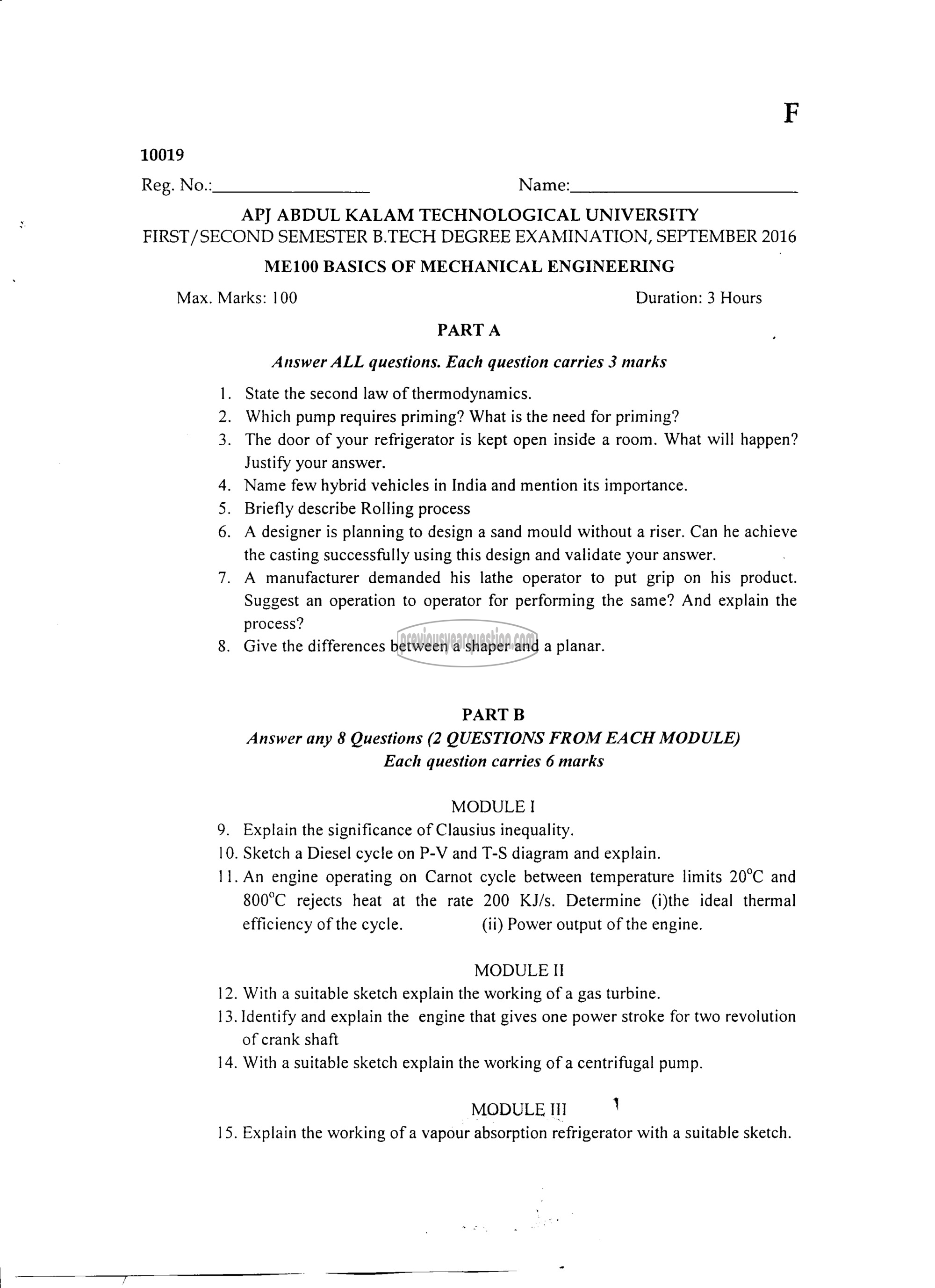 Question Paper - BASICS OF MECHANICAL ENGINEERING-1