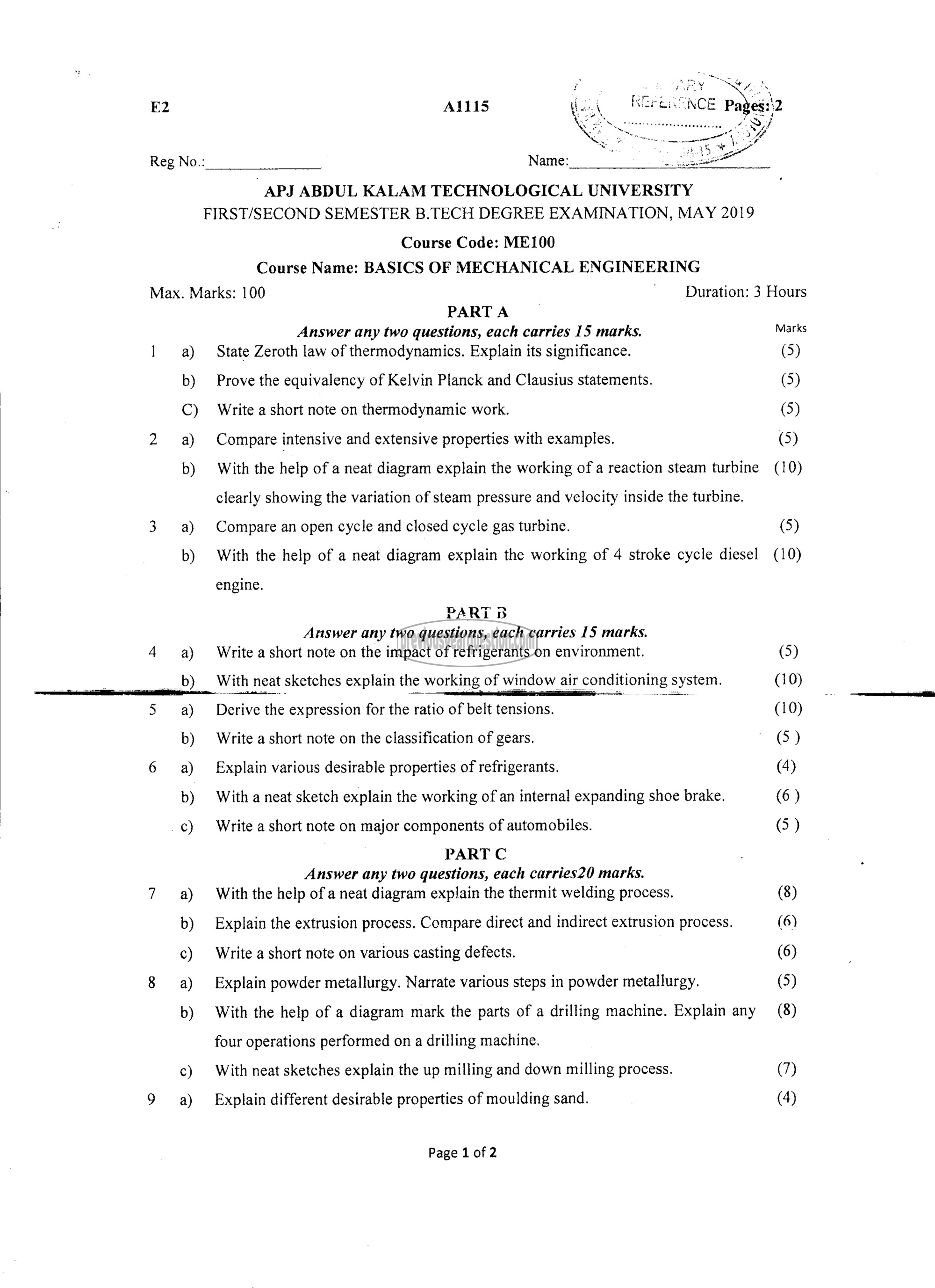 Question Paper - BASICS OF MECHANICAL ENGINEERING-1