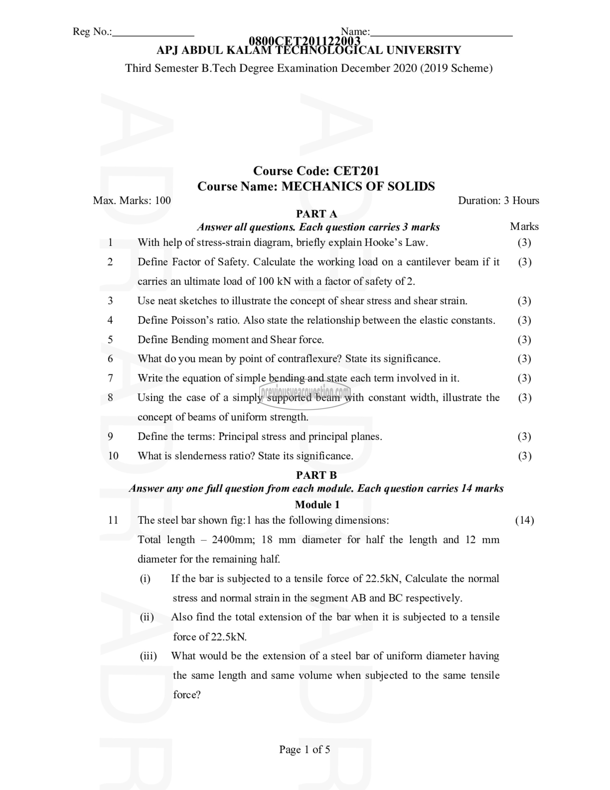 Question Paper - MECHANICS OF SOLIDS-1