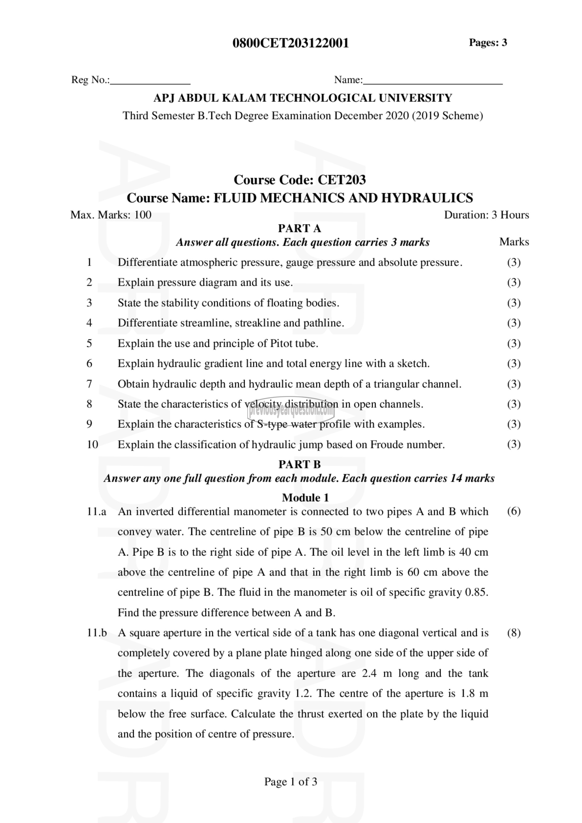 Question Paper - FLUID MECHANICS& HYDRAULICS-1