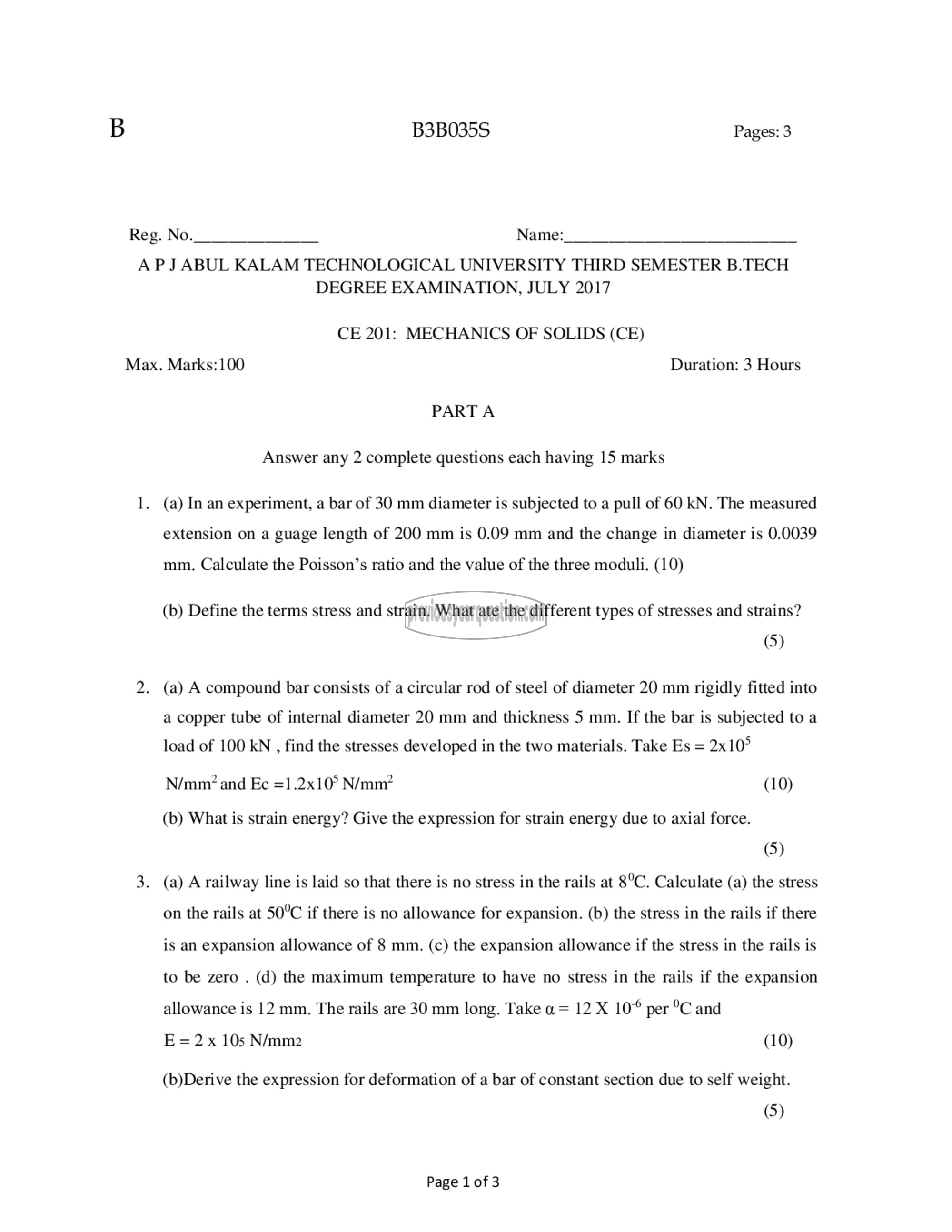 Question Paper - Mechanics of Solids-1