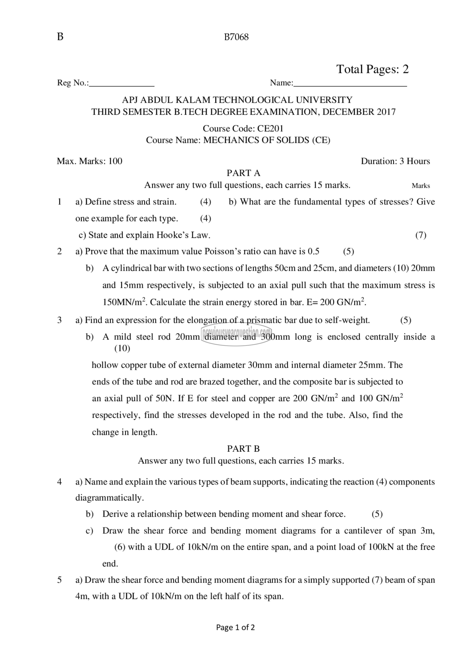 Question Paper - Mechanics of Solids-1