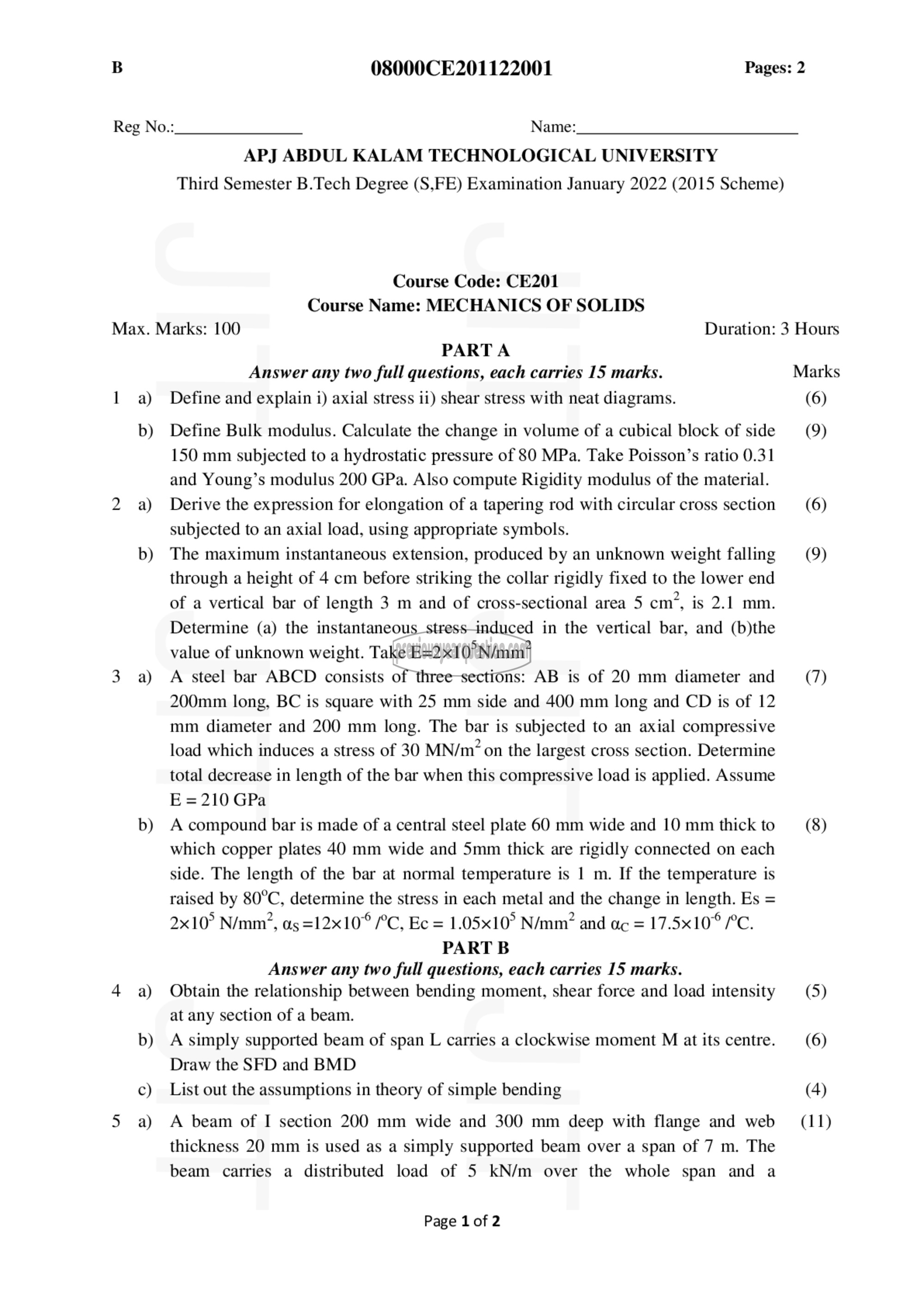 Question Paper - Mechanics of Solids-1