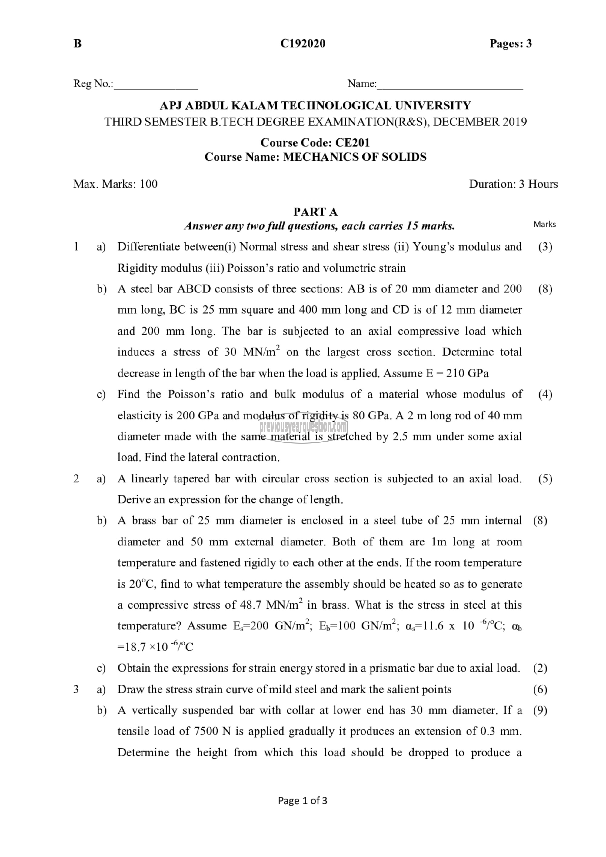 Question Paper - Mechanics of Solids-1