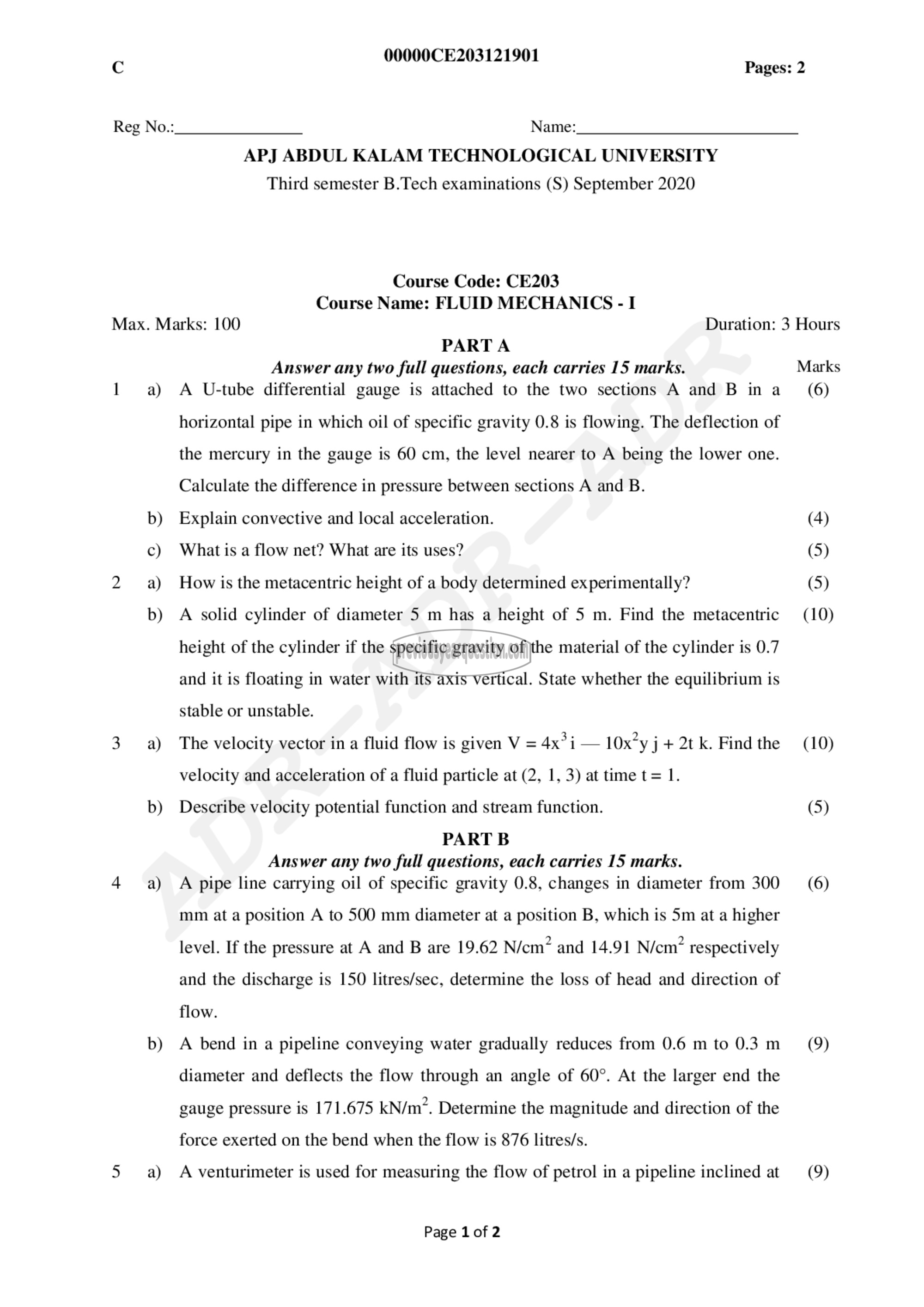 Question Paper - Fluid Mechanics– I-1