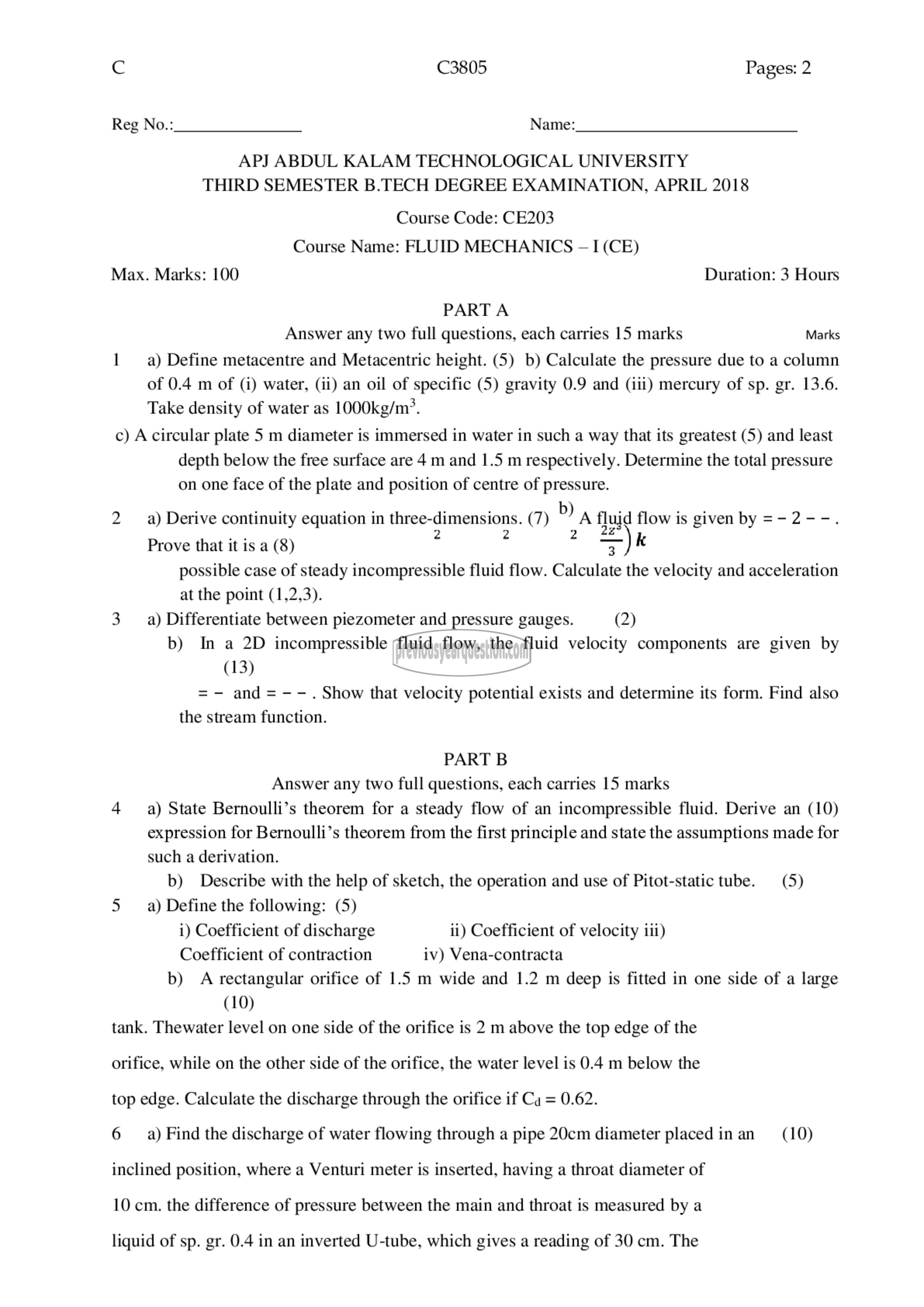 Question Paper - Fluid Mechanics– I-1