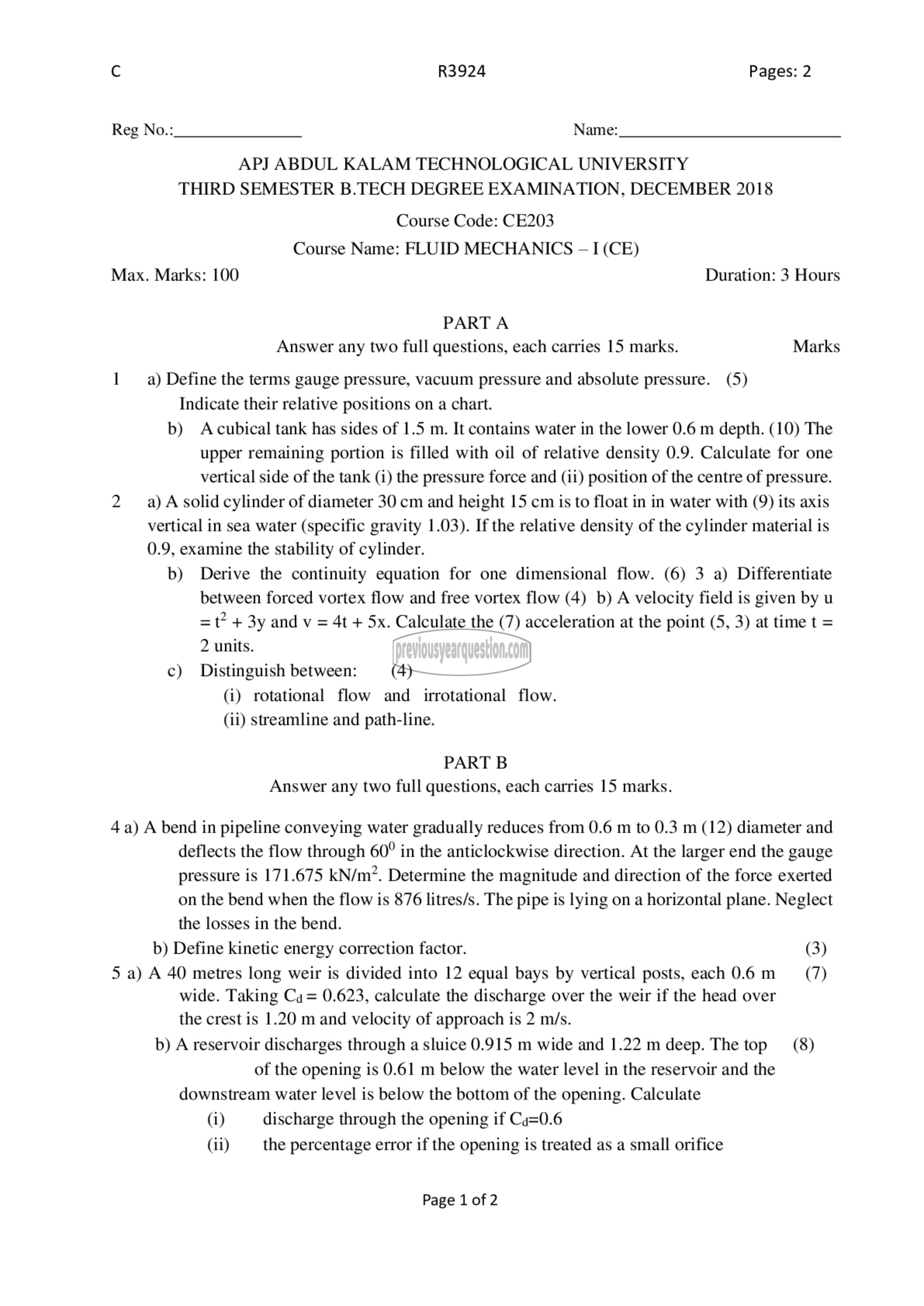 Question Paper - Fluid Mechanics– I-1