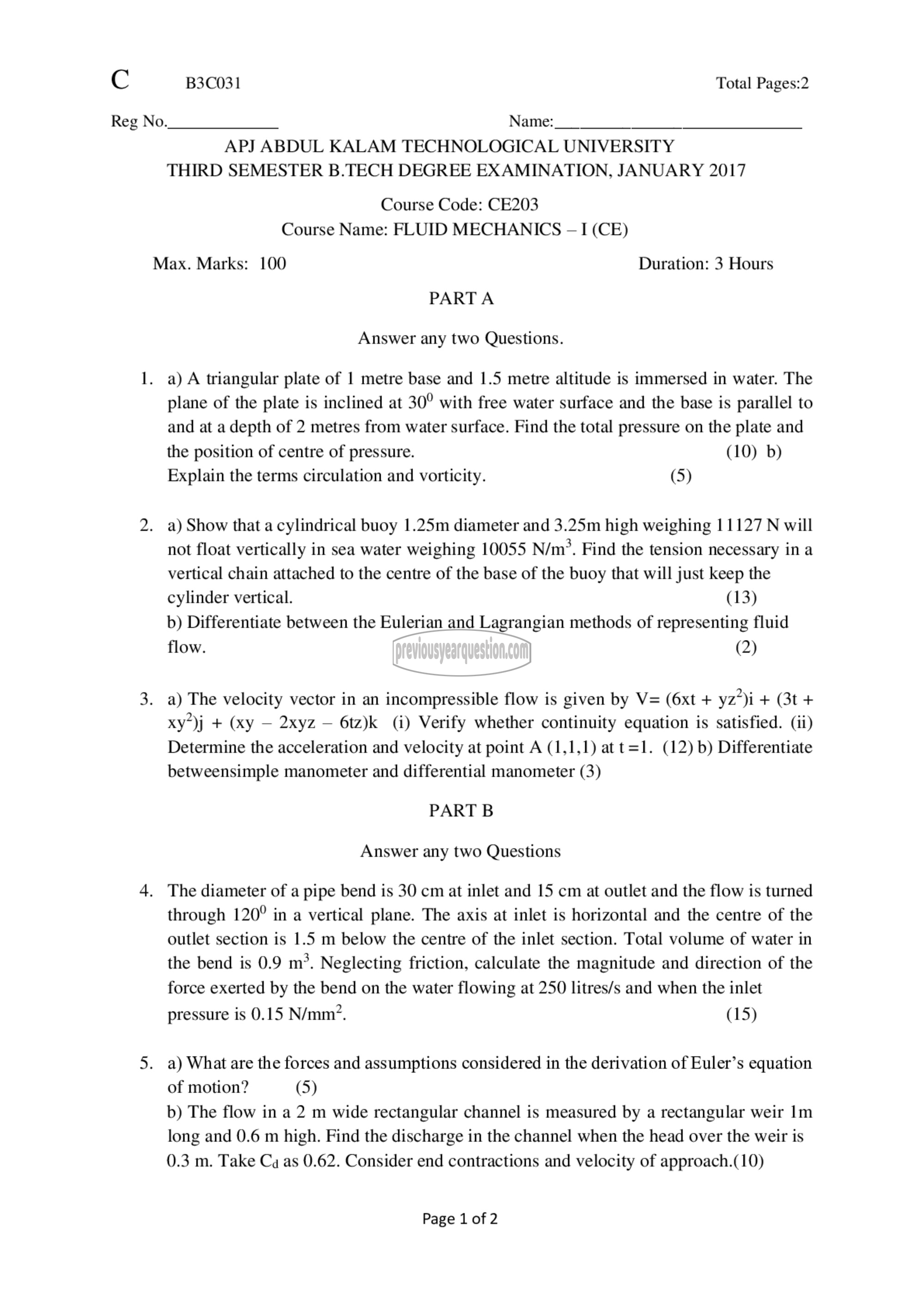 Question Paper - Fluid Mechanics– I-1