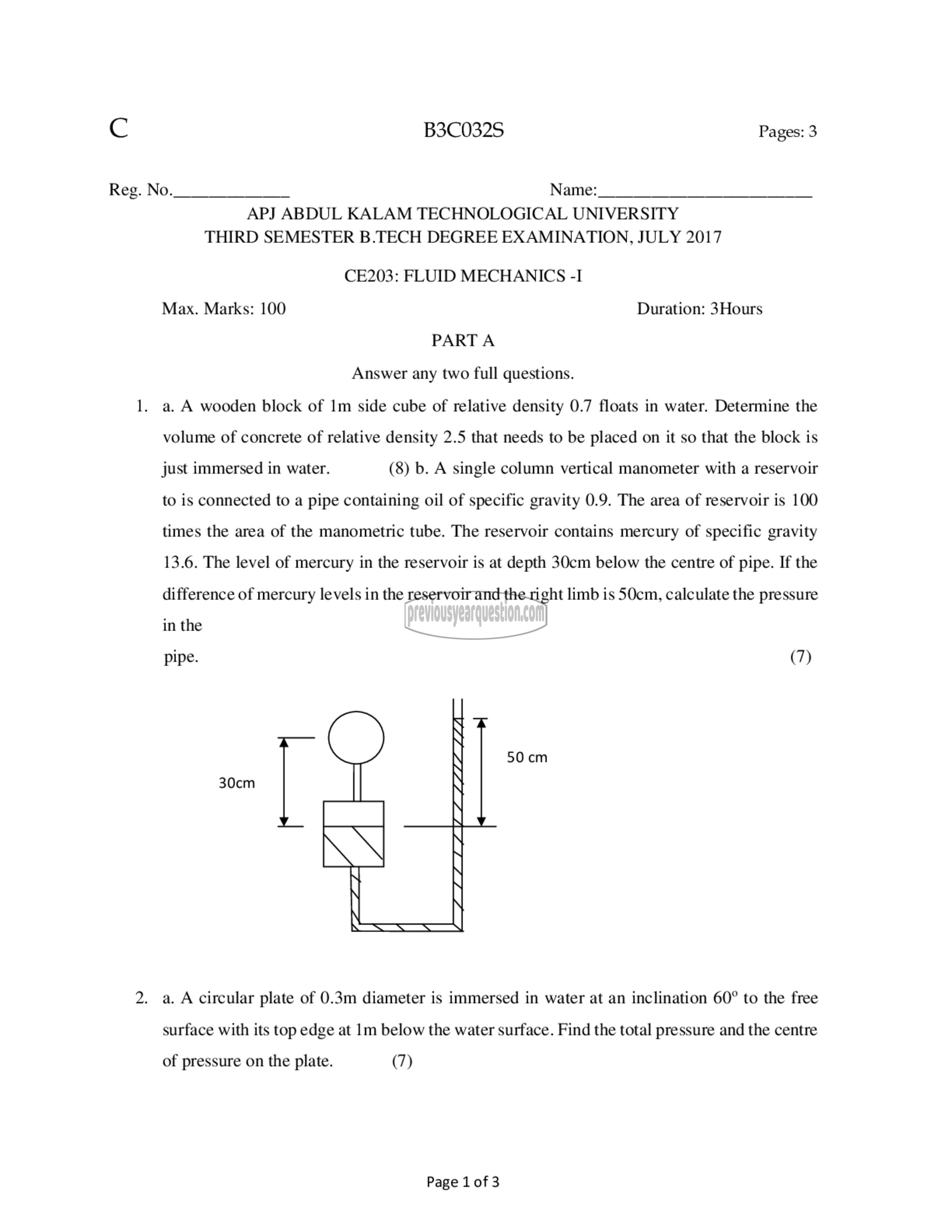 Question Paper - Fluid Mechanics– I-1