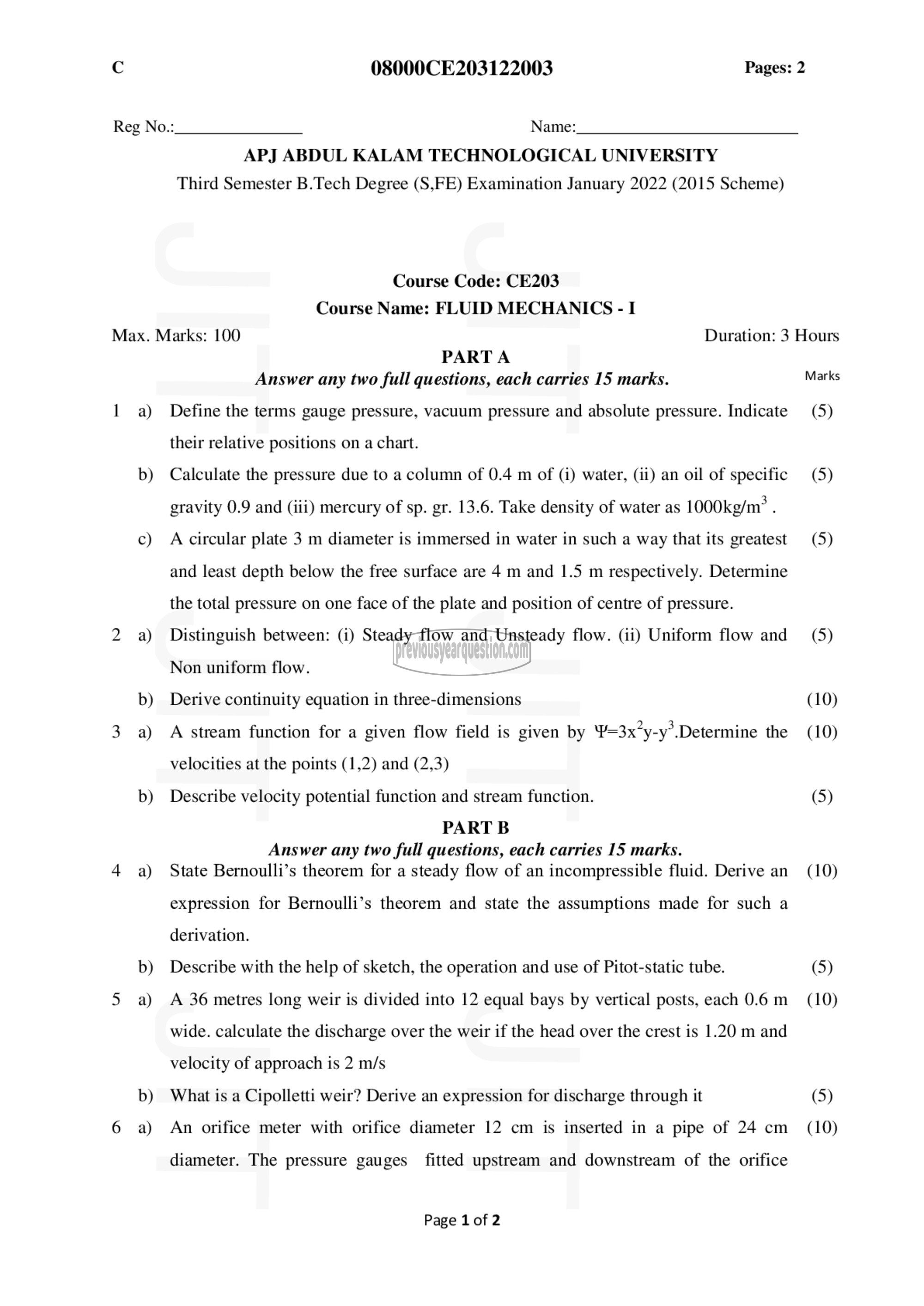 Question Paper - Fluid Mechanics– I-1