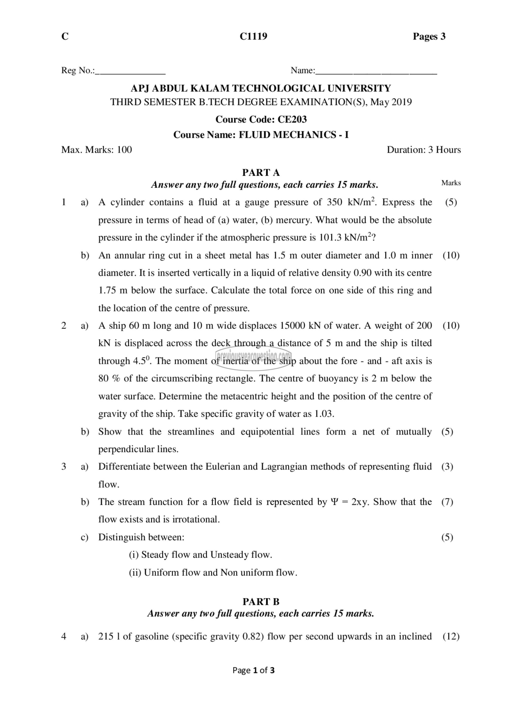 Question Paper - Fluid Mechanics– I-1