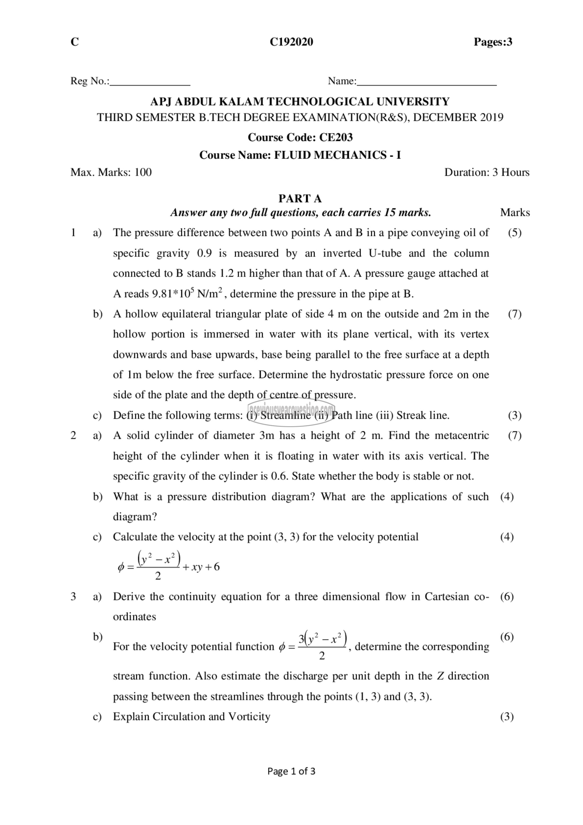 Question Paper - Fluid Mechanics– I-1