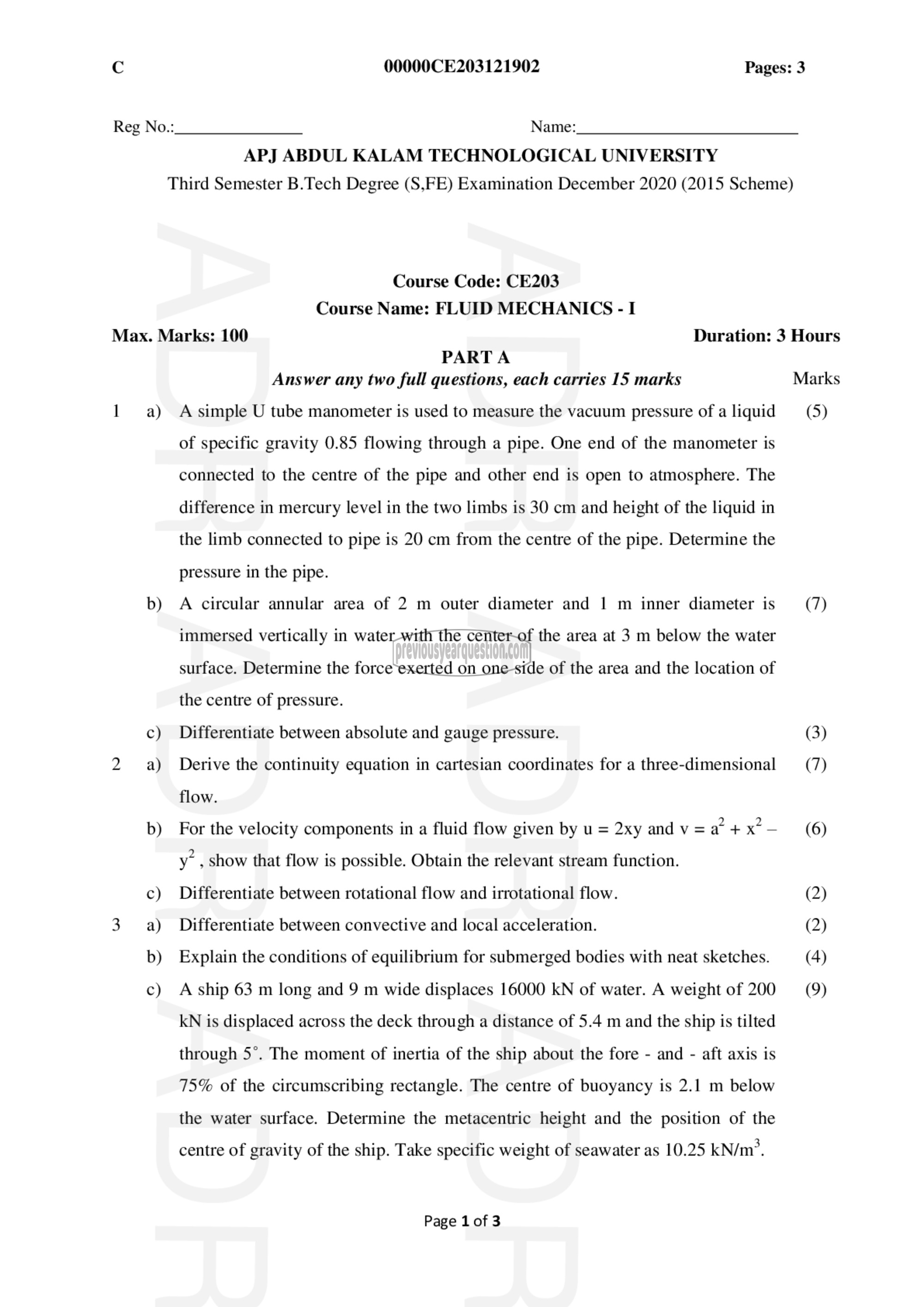 Question Paper - Fluid Mechanics– I-1