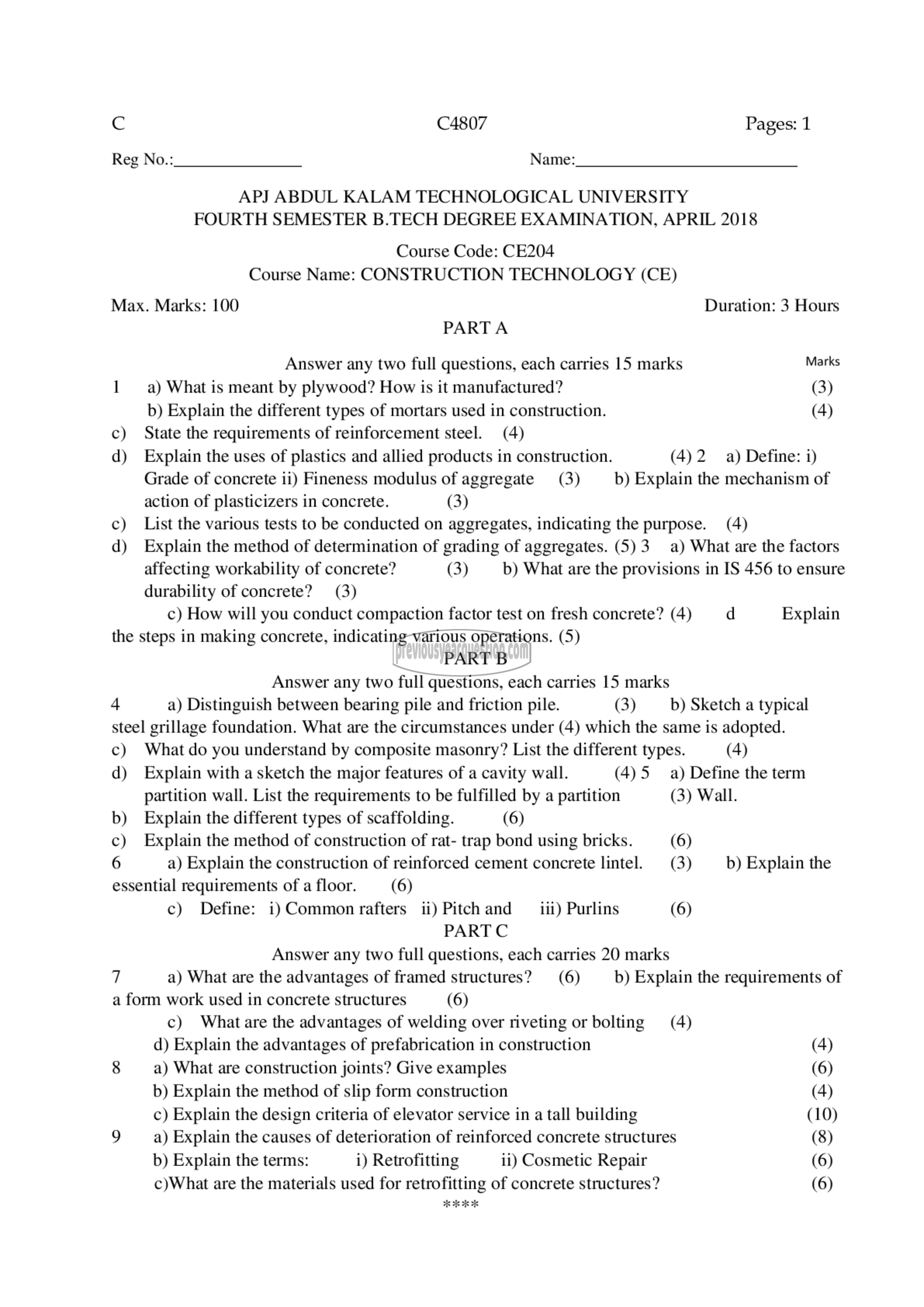 Question Paper - Construction Technology-1