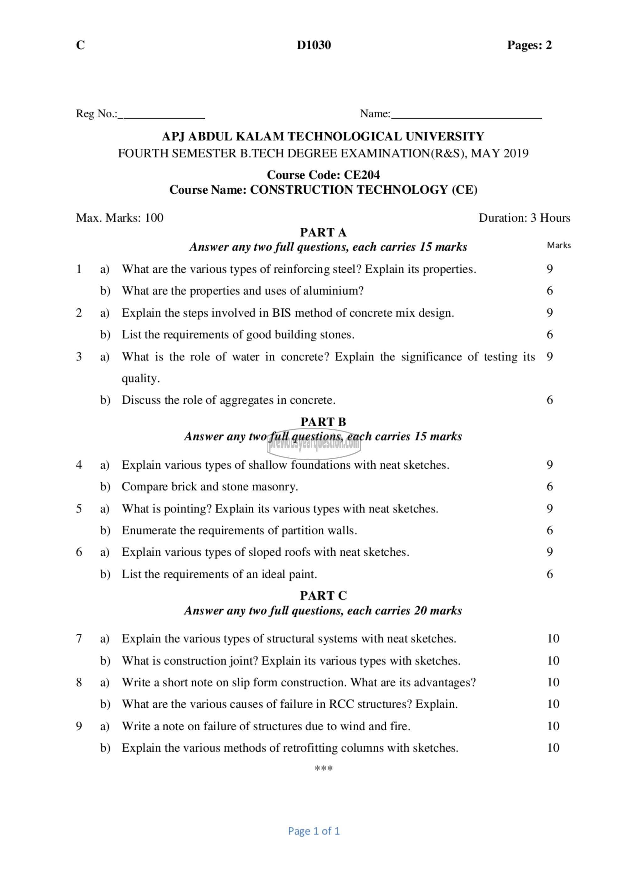 Question Paper - Construction Technology-1