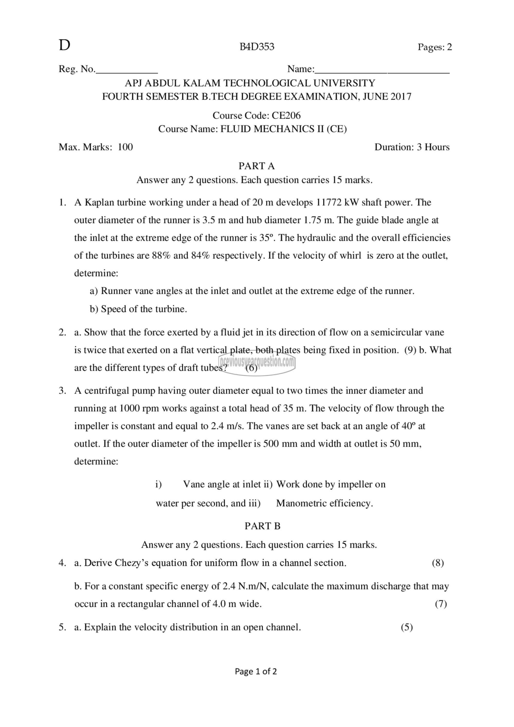 Question Paper - Fluid Mechanics- II-1