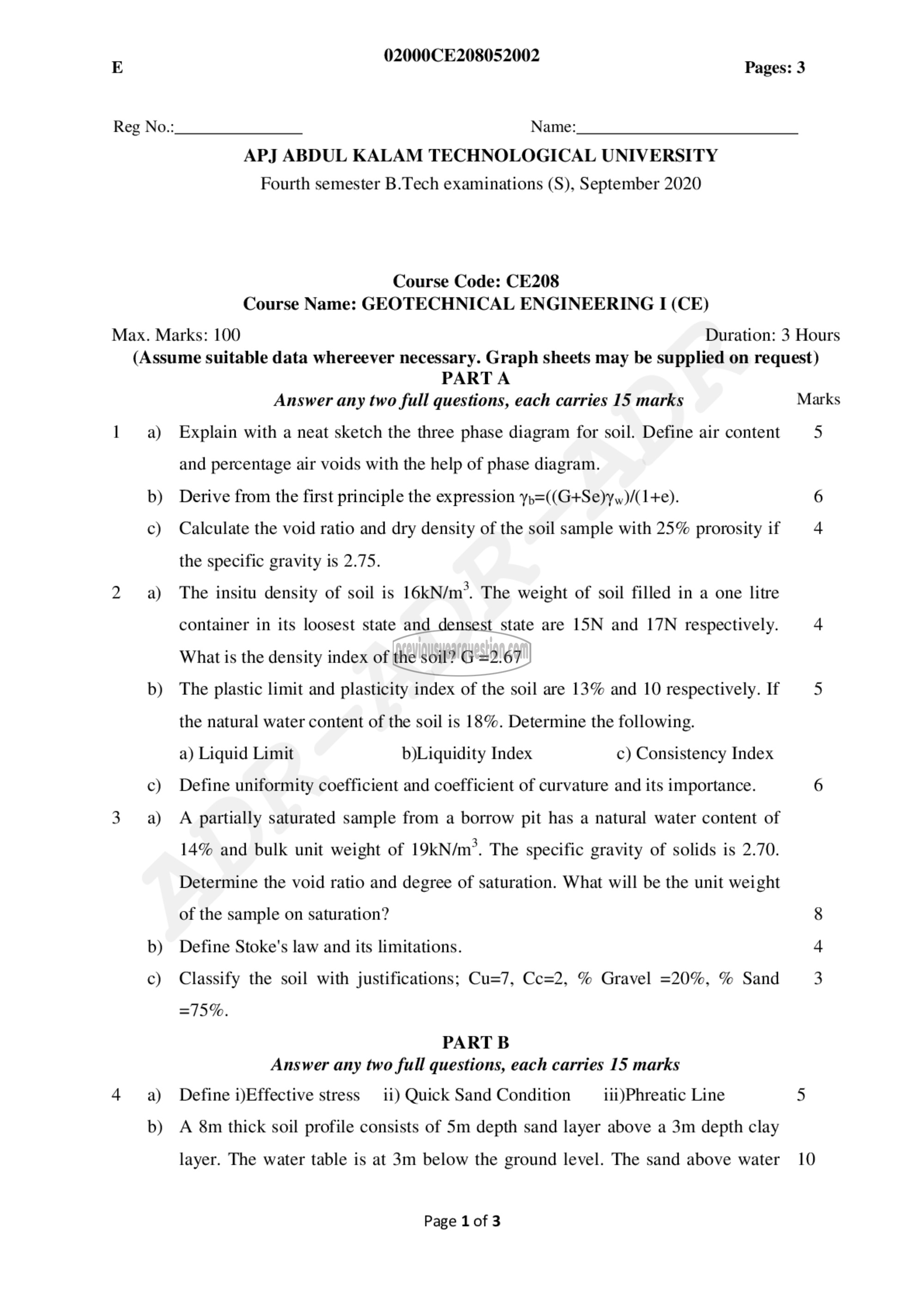 Question Paper - Geotechnical Engineering- I-1