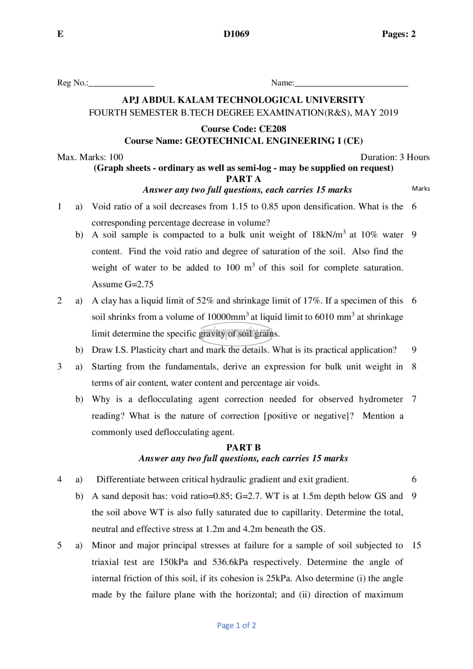 Question Paper - Geotechnical Engineering- I-1