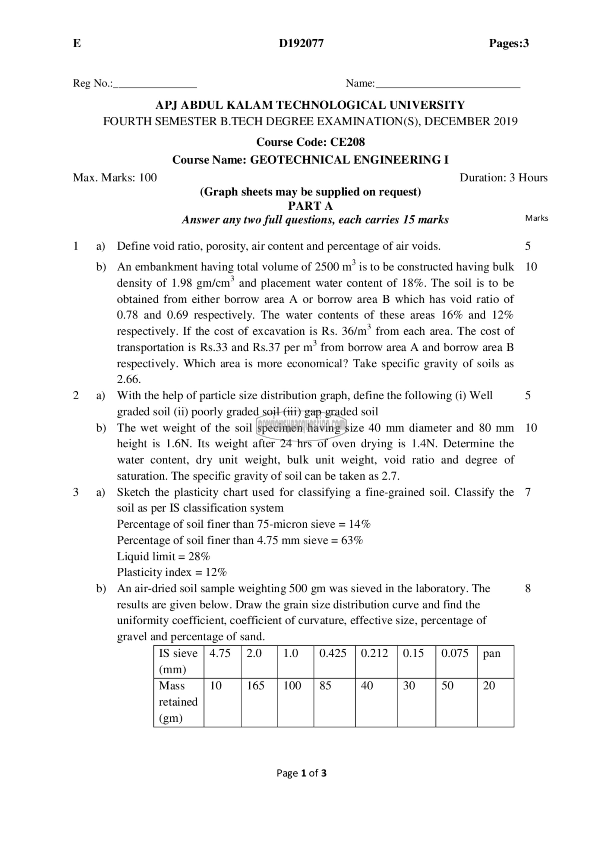 Question Paper - Geotechnical Engineering- I-1