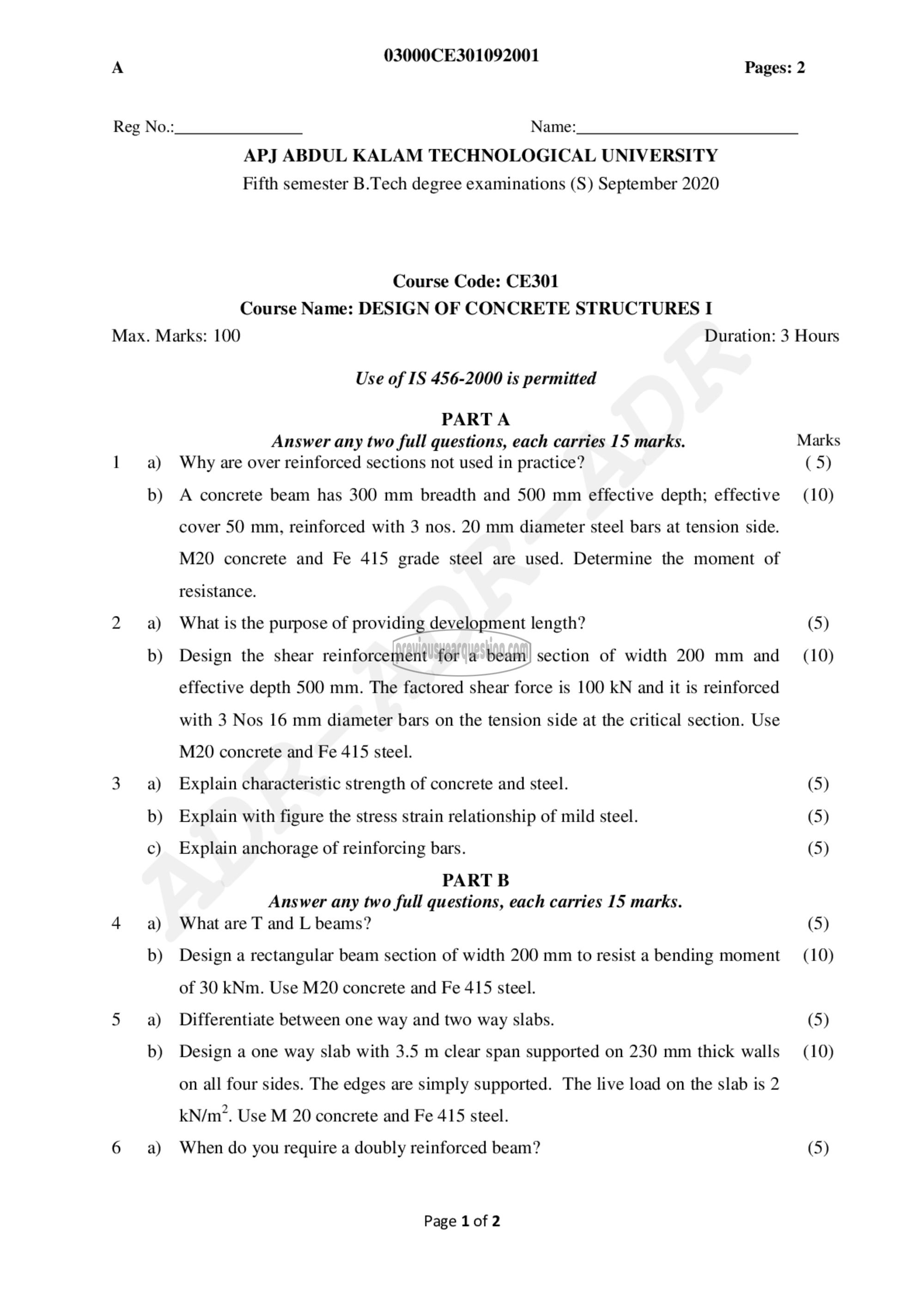 Question Paper - Design of Concrete Structures I-1