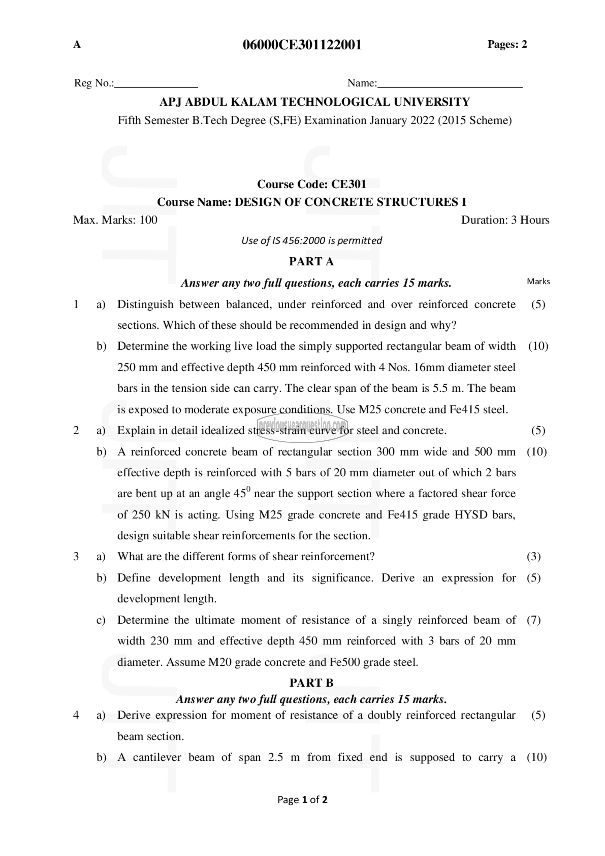 Question Paper - Design of Concrete Structures I-1