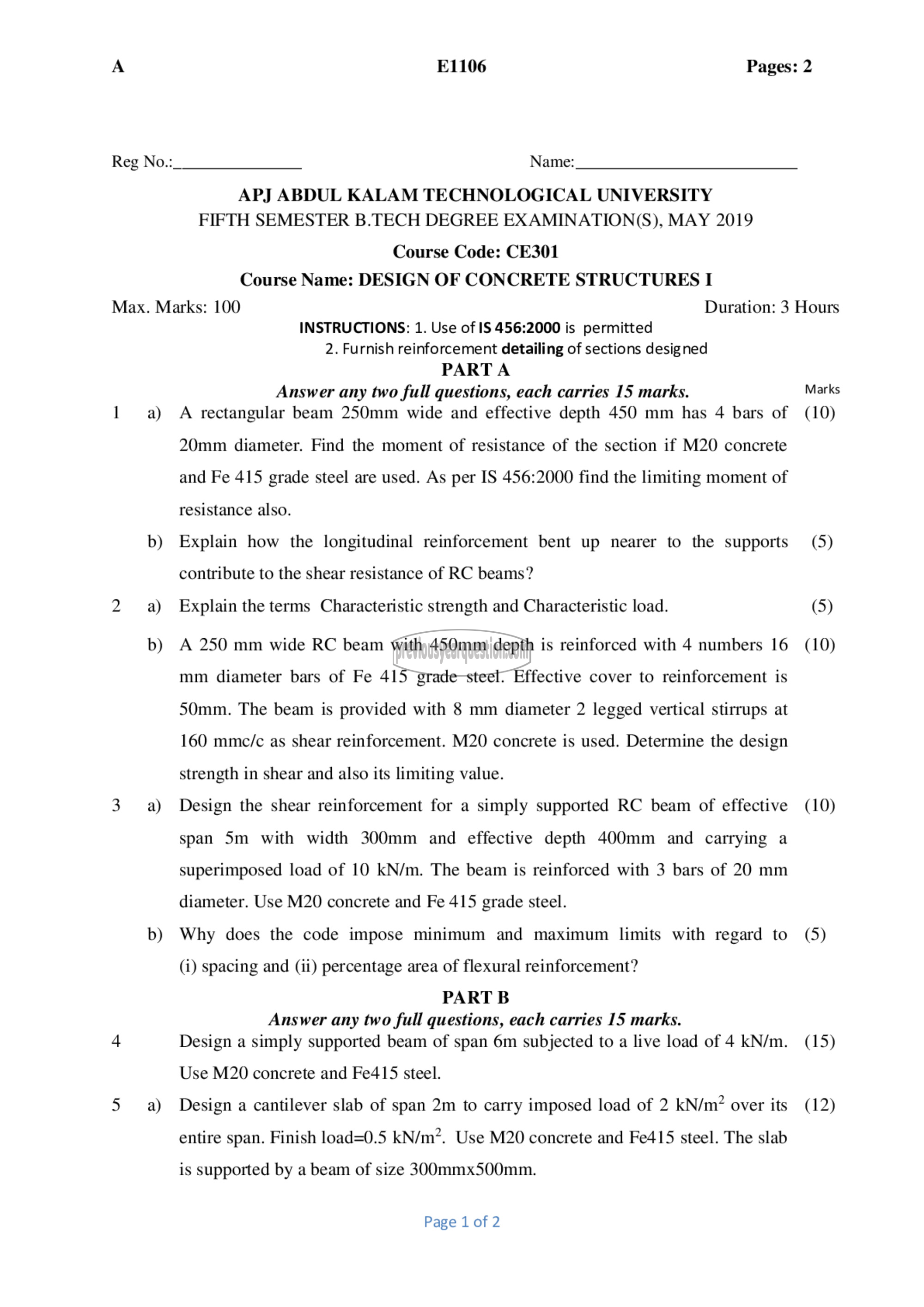 Question Paper - Design of Concrete Structures I-1