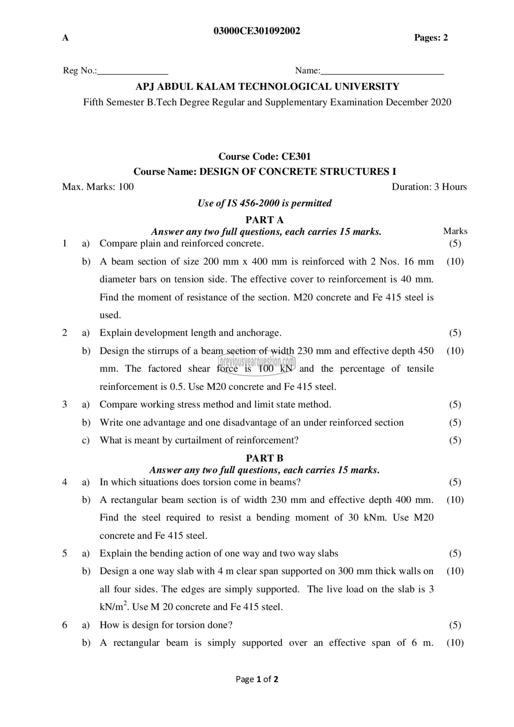 Question Paper - Design of Concrete Structures I-1