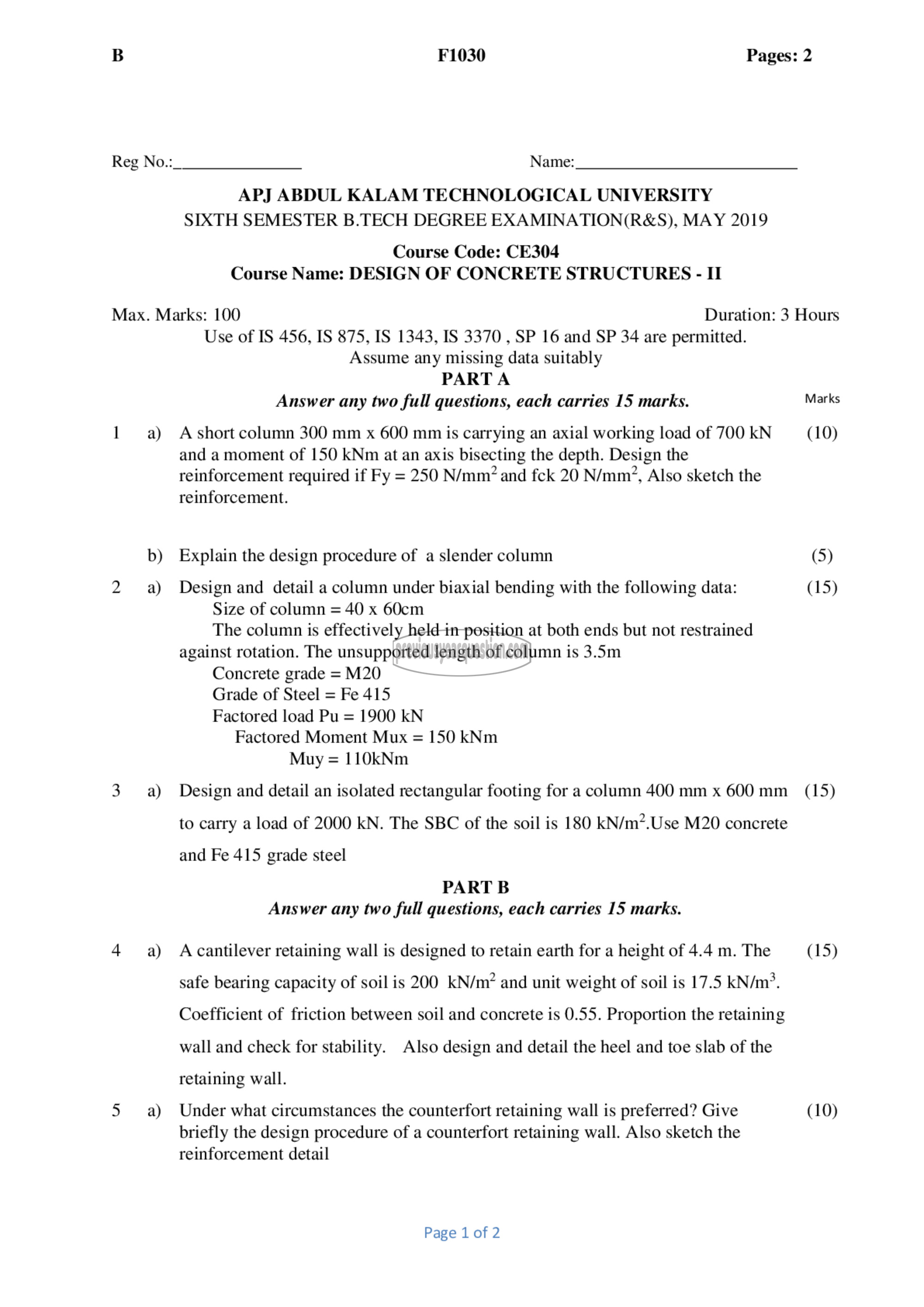 Question Paper - Design of Concrete Structures II-1